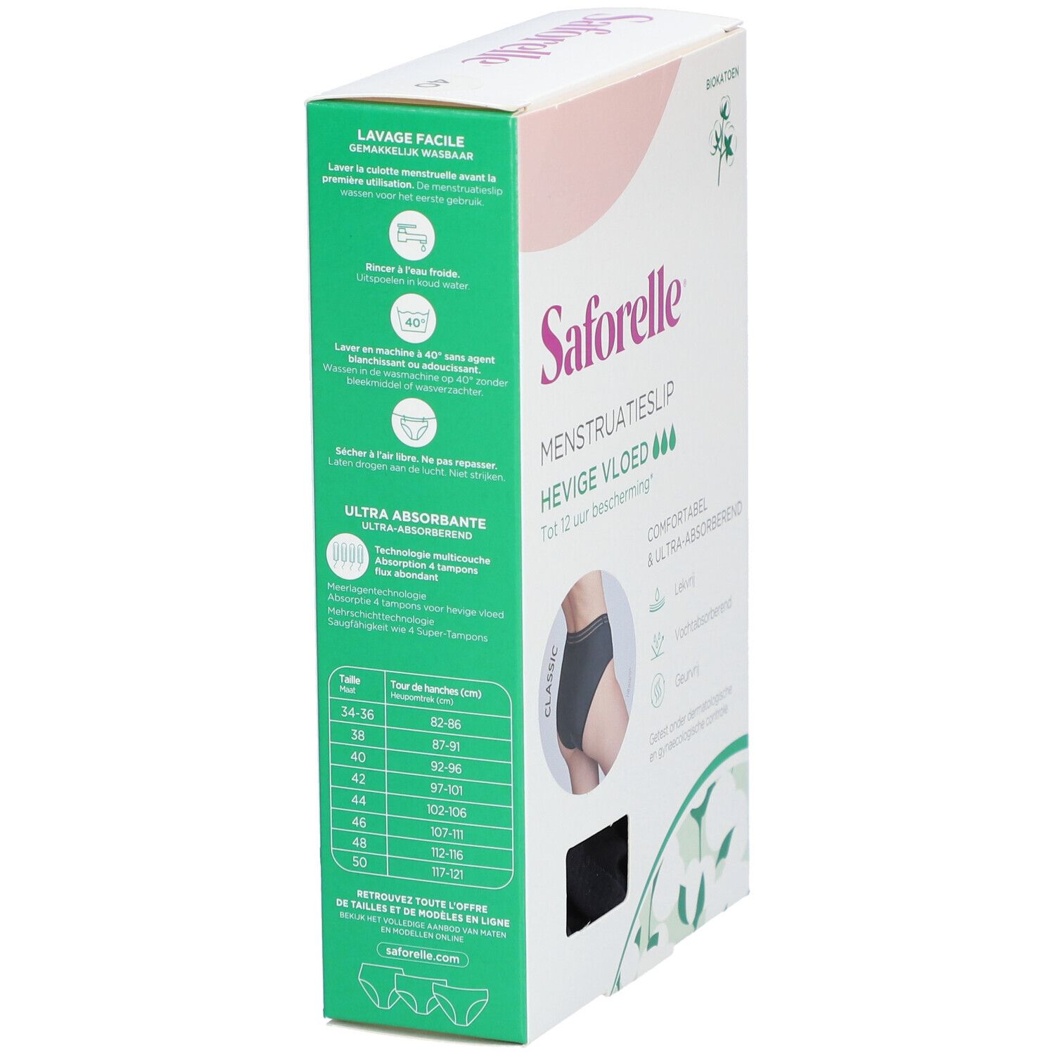 Verpackung Saforelle Menstruations-Slip. Größenangaben. Abbildung einer schwarzen Unterhose. Waschhinweise. Ultra-absorbierend.