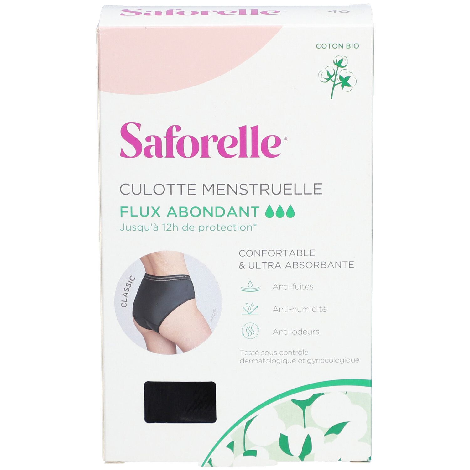 Verpackung Saforelle Menstruations-Slip. Aufdruck: CULOTTE MENSTRUELLE FLUX ABONDANT. Abbildung einer schwarzen Unterhose. Bio-Baumwolle.