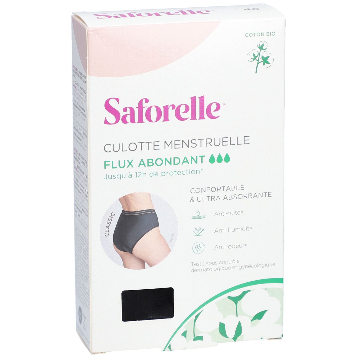Verpackung Saforelle Menstruations-Slip. Aufdruck: CULOTTE MENSTRUELLE FLUX ABONDANT. Abbildung einer schwarzen Unterhose. Bio-Baumwolle.