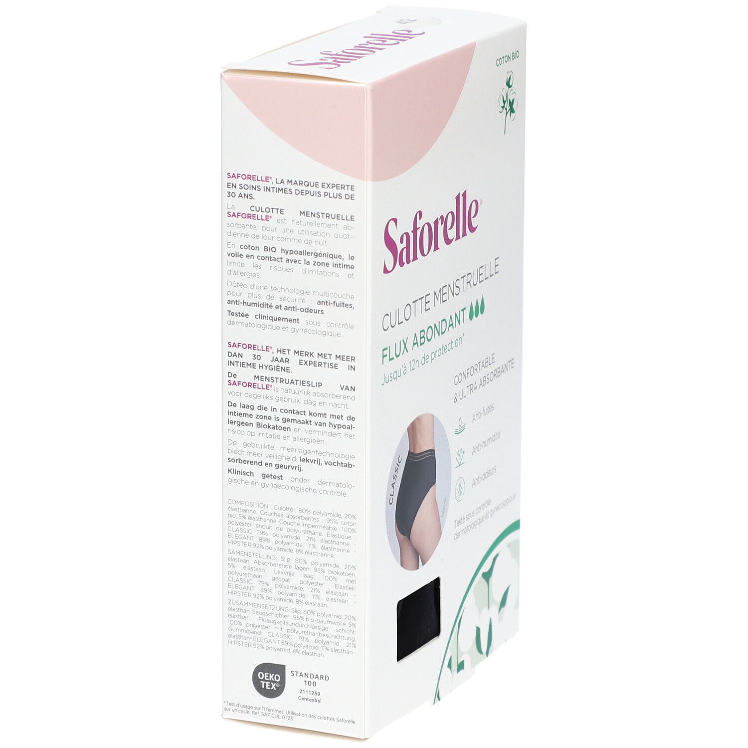 Saforelle Menstruations-Slip, Verpackung. Text, Produktinformationen, Zertifizierung.