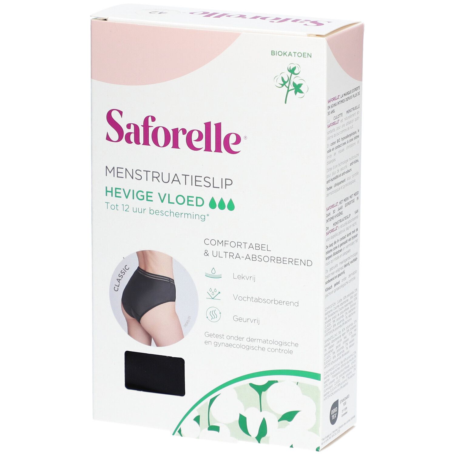 Saforelle Menstruationsslip, Verpackung. Schwarze Unterhose, Text, Bio-Baumwolle.