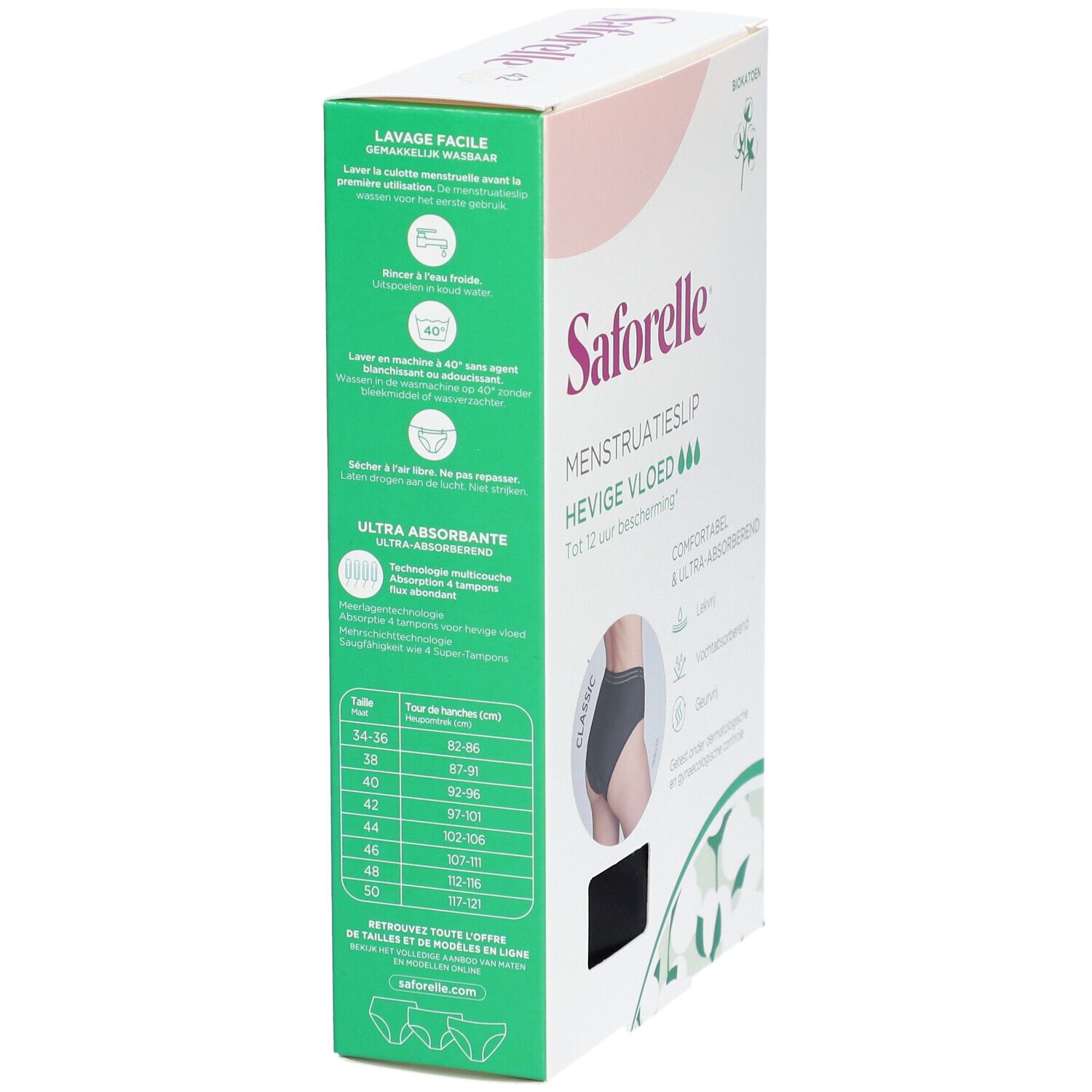 Saforelle Menstruationsslip, Verpackung. Text, Waschanleitung, Größentabelle.