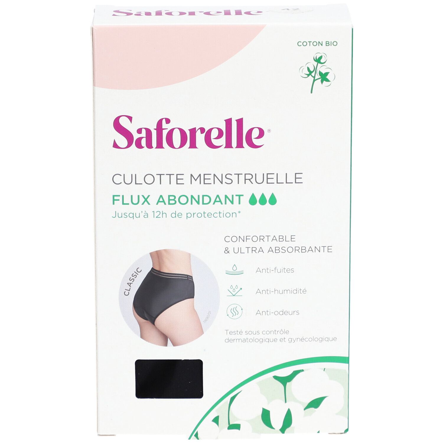 Saforelle Menstruations-Slip, Verpackung. Schwarze Unterhose, rosa-weiße Verpackung, Text.
