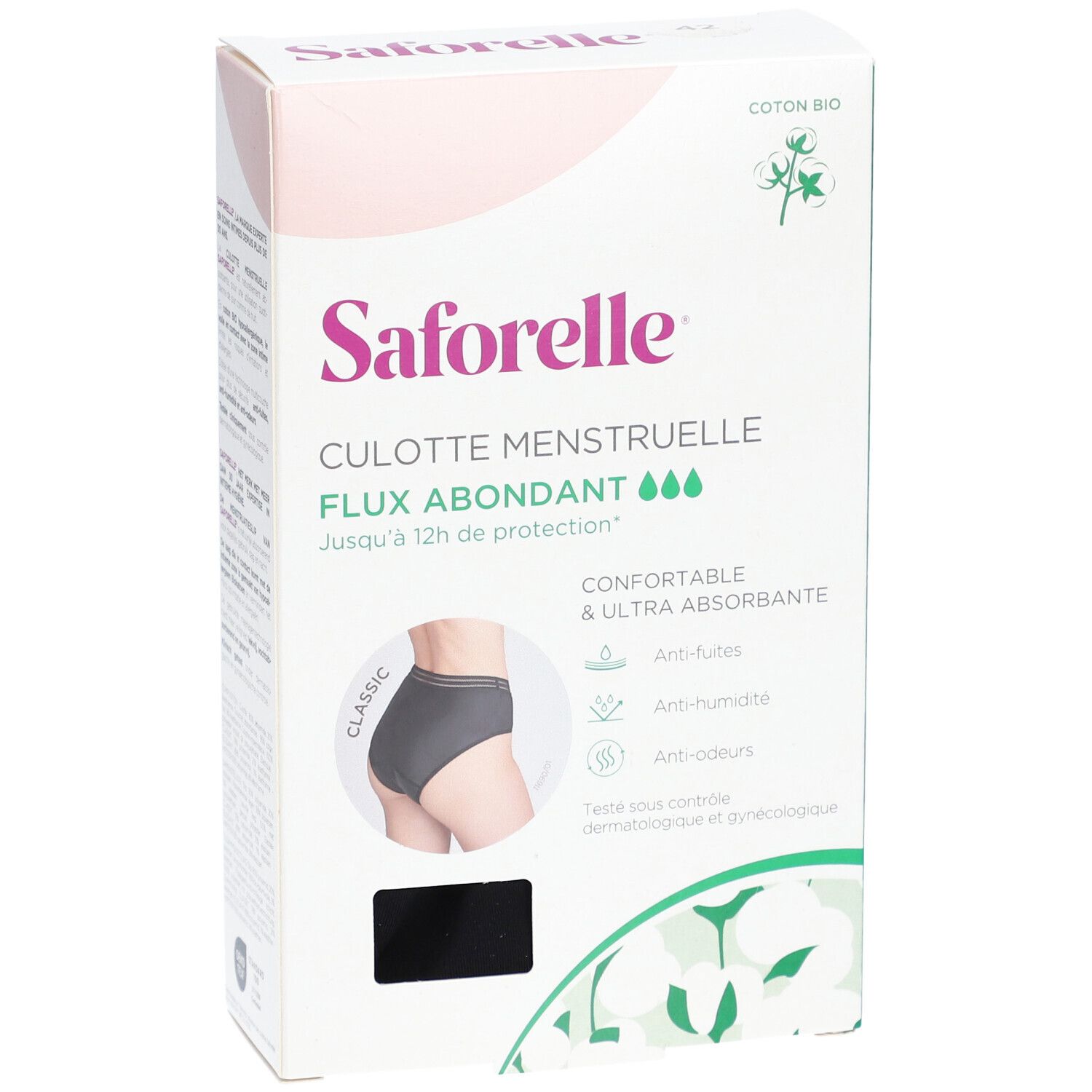 Saforelle Menstruations-Slip, Verpackung. Schwarze Unterhose, rosa-weiße Verpackung, Text.