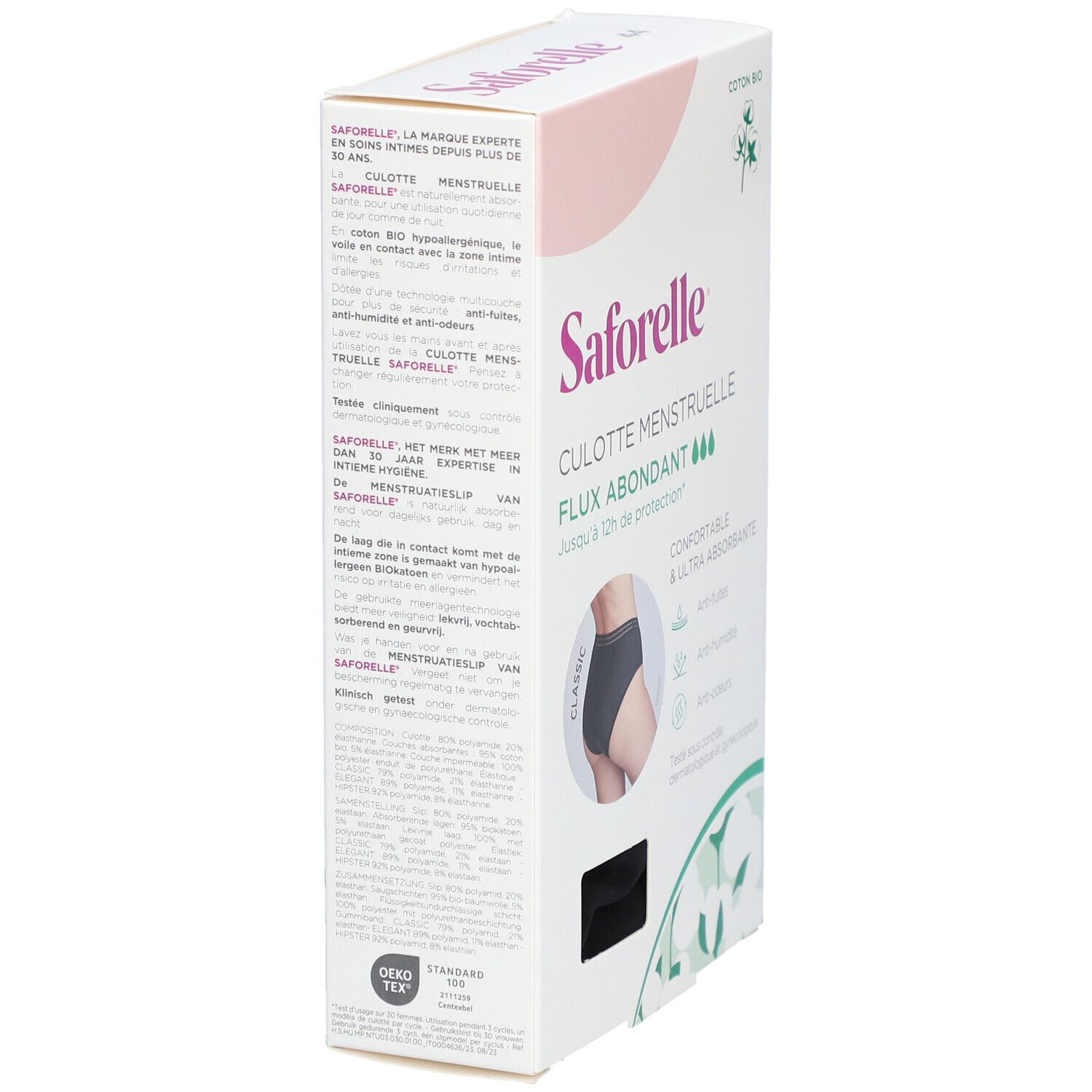 Verpackung von Saforelle Menstruations-Slip. Seitenansicht. Text: Culotte Menstruelle, Flux abondant, bis zu 12h Schutz. Bio-Baumwolle.