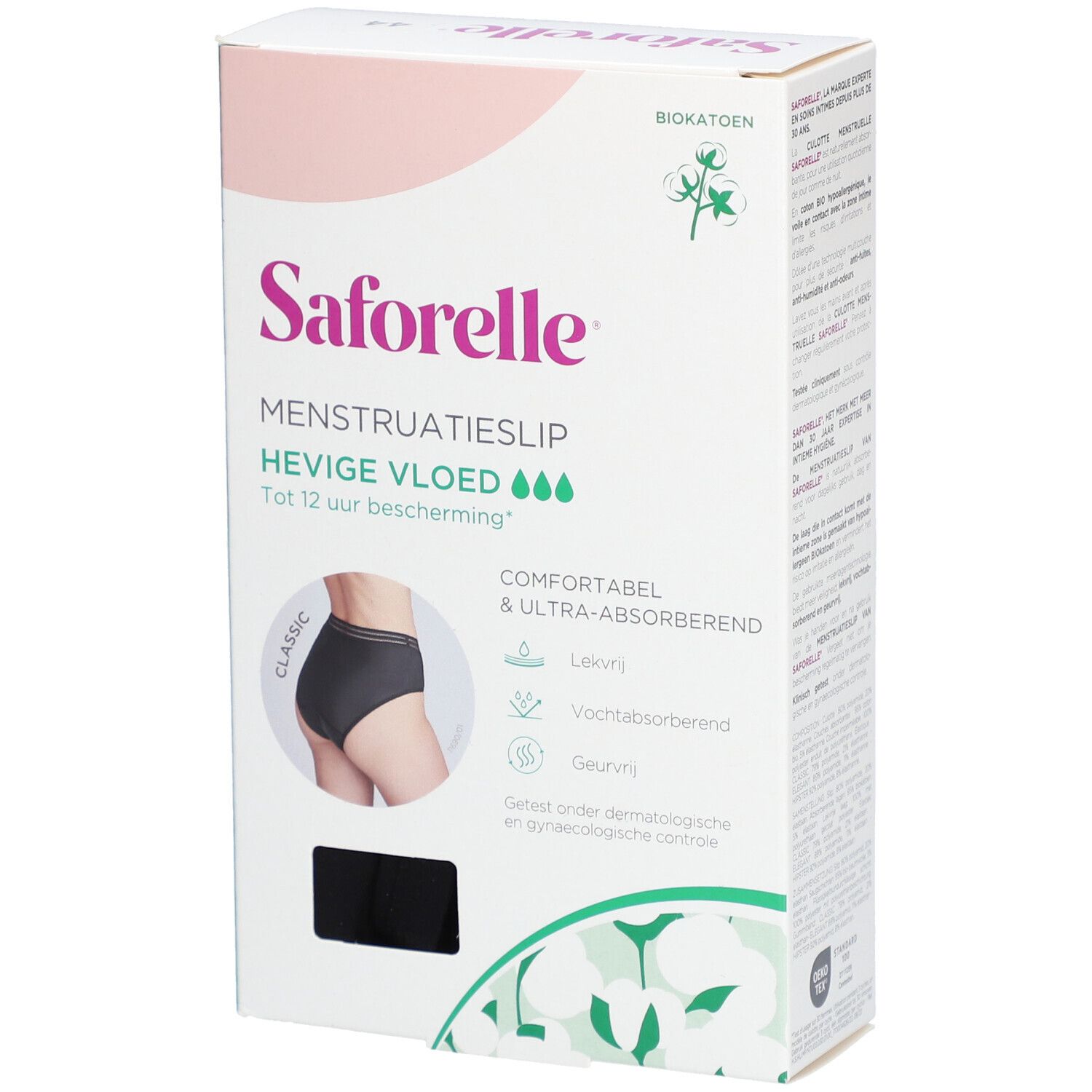 Verpackung von Saforelle Menstruatieslip. Schwarze Unterhose abgebildet. Text: Menstruatieslip, hevige vloed, bis zu 12 Stunden Schutz.