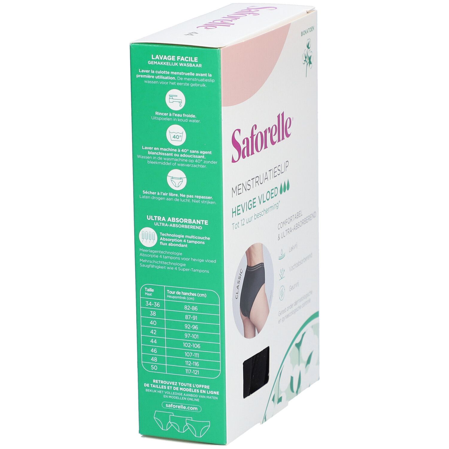 Verpackung von Saforelle Menstruatieslip. Rückseite mit Größentabelle. Text: Menstruatieslip, hevige vloed, bis zu 12 Stunden Schutz.