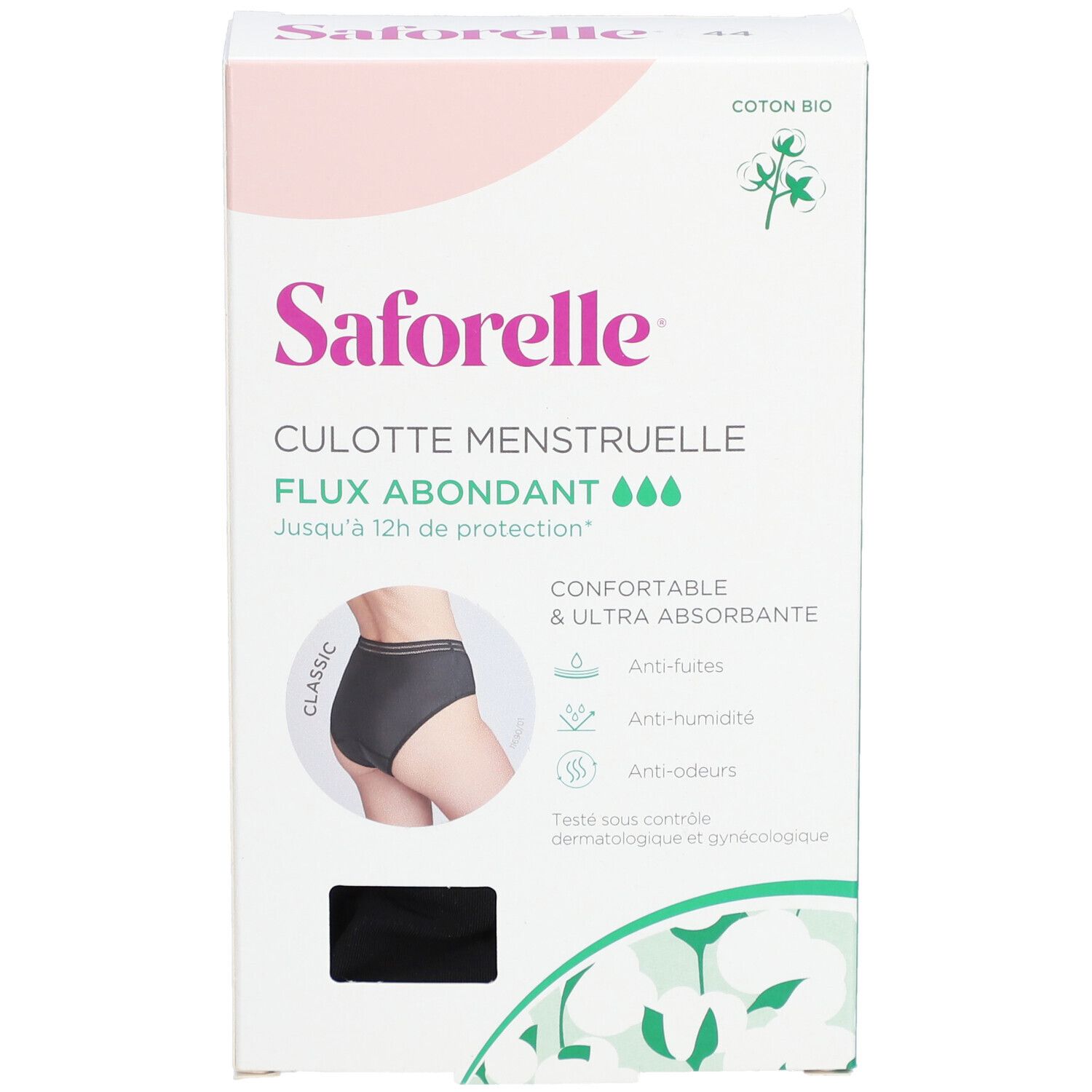 Verpackung von Saforelle Menstruations-Slip. Schwarze Unterhose abgebildet. Text: Culotte Menstruelle, Flux abondant, bis zu 12h Schutz.