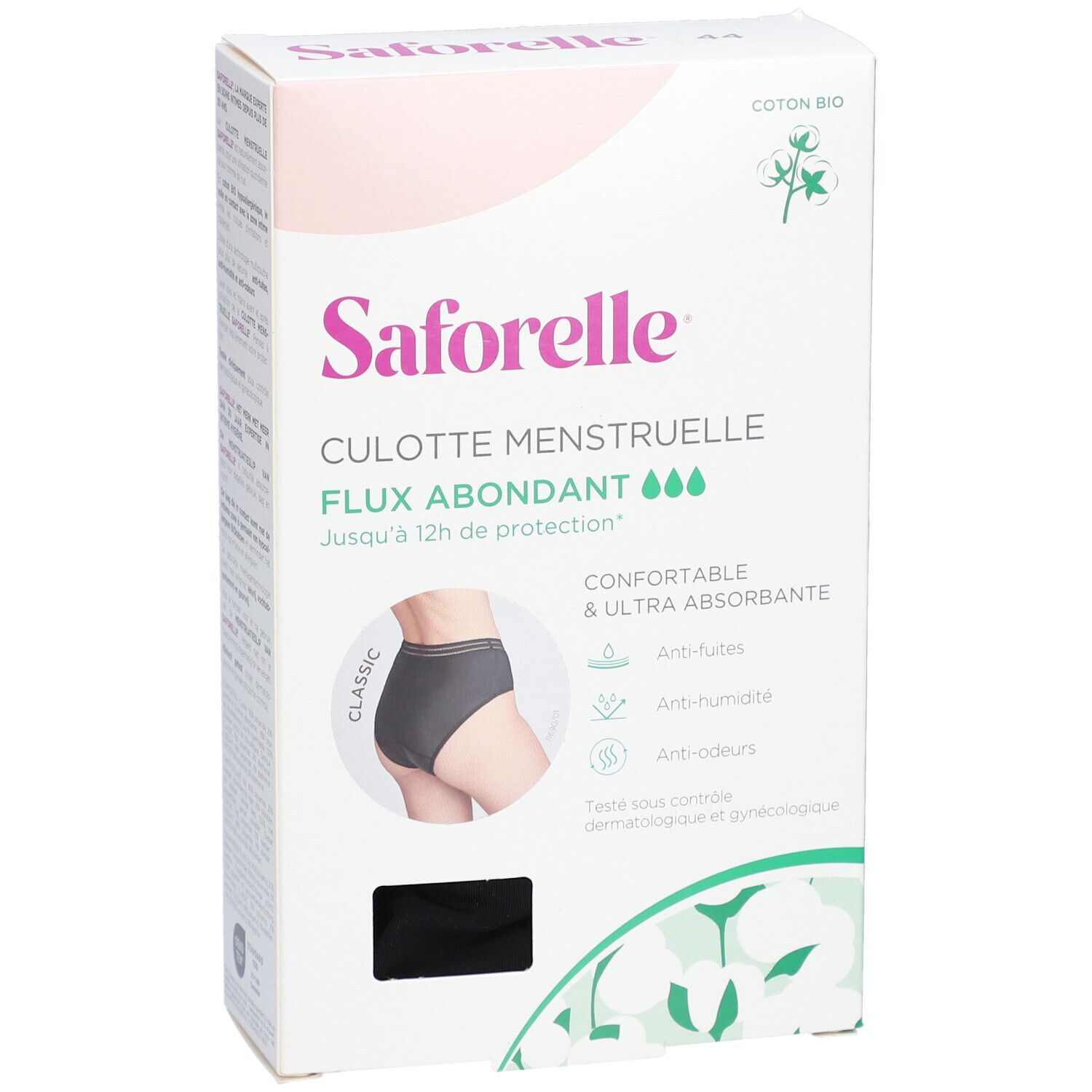 Verpackung von Saforelle Menstruations-Slip. Schwarze Unterhose abgebildet. Text: Culotte Menstruelle, Flux abondant, bis zu 12h Schutz.