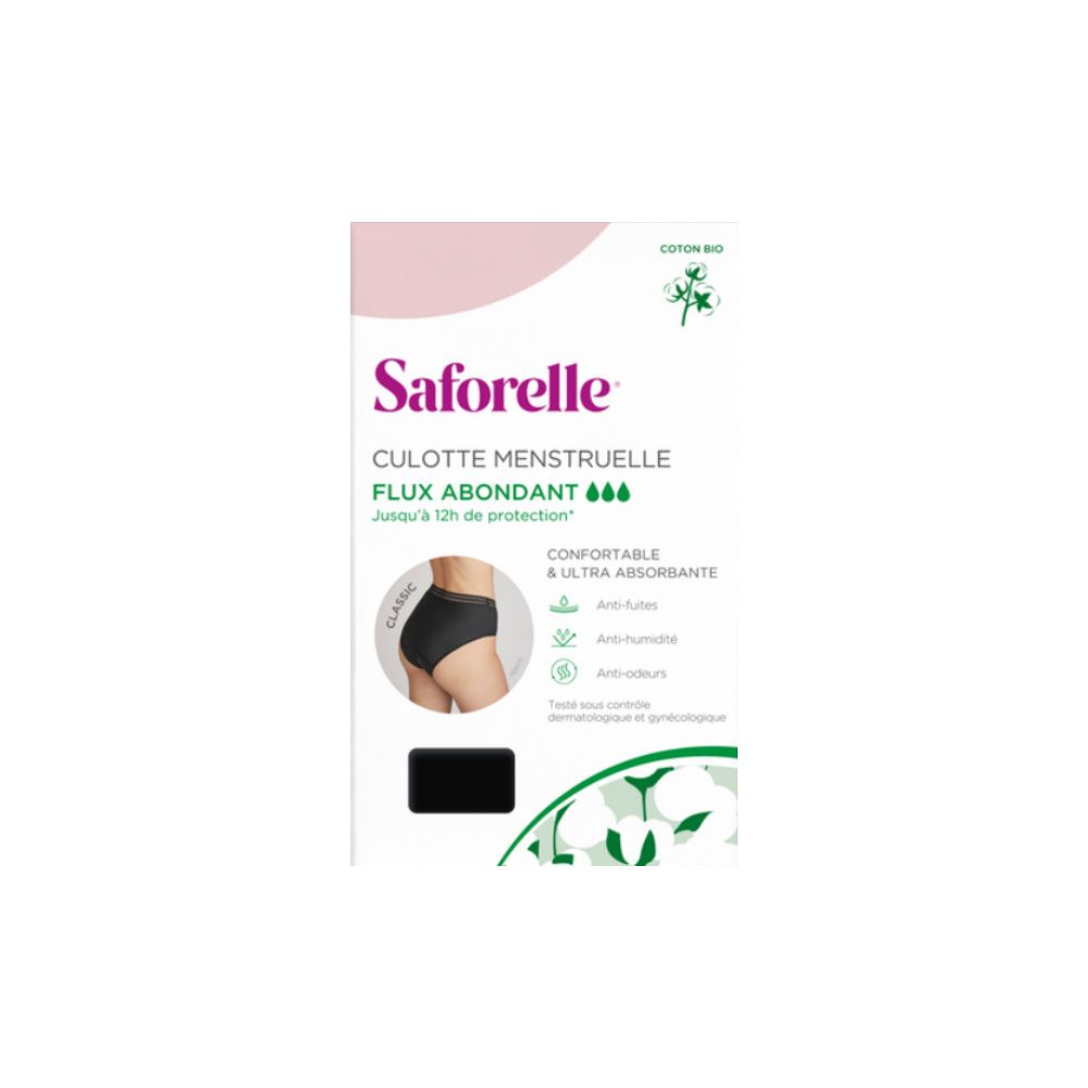 Boîte Saforelle culotte menstruelle. Avant avec image produit et texte. Coton bio.