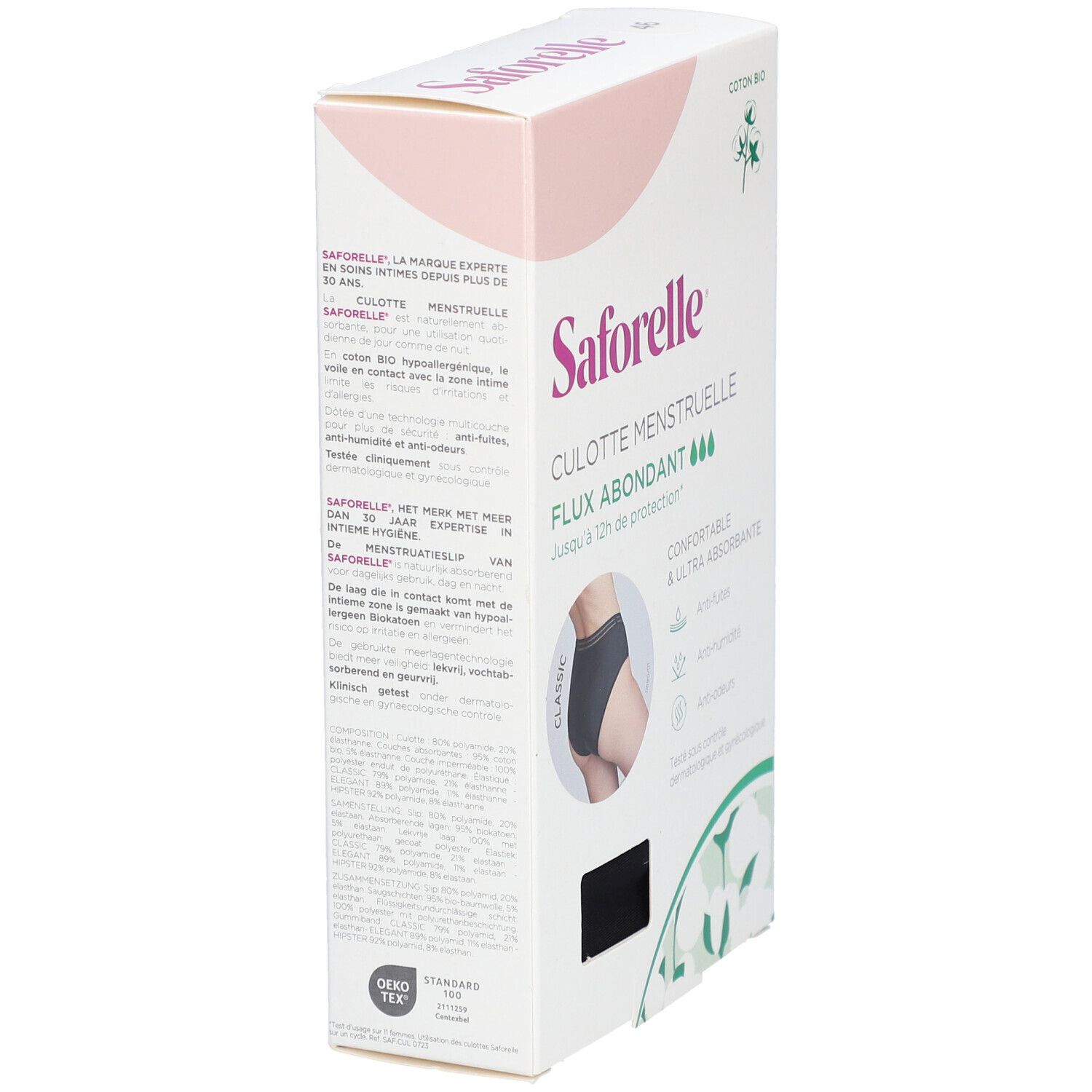Boîte Saforelle culotte menstruelle. Vue latérale avec texte et image produit. Coton bio.