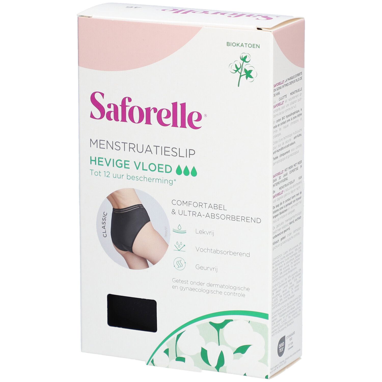 Boîte Saforelle culotte menstruelle. Avant avec image produit et texte. Coton bio.