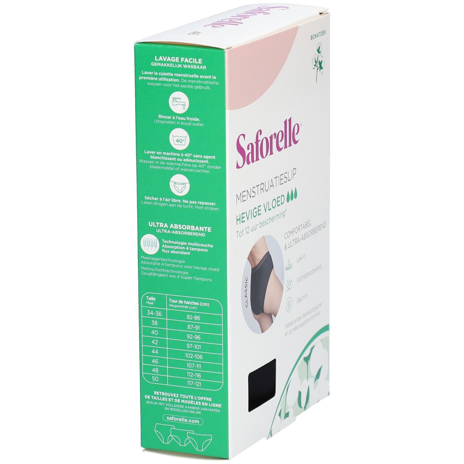Boîte Saforelle culotte menstruelle. Arrière avec instructions de lavage et tableau des tailles. Coton bio.