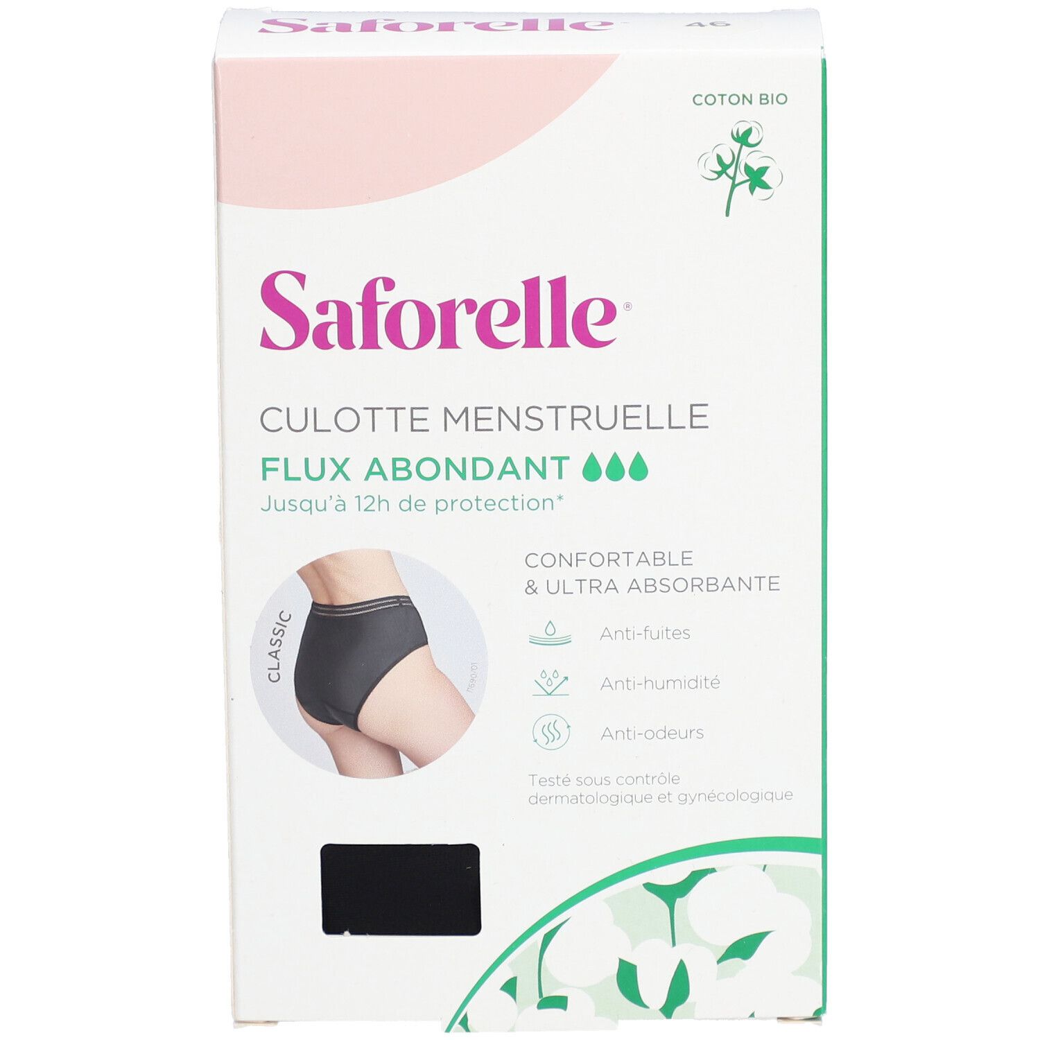 Boîte Saforelle culotte menstruelle. Avant avec image produit et texte. Coton bio.
