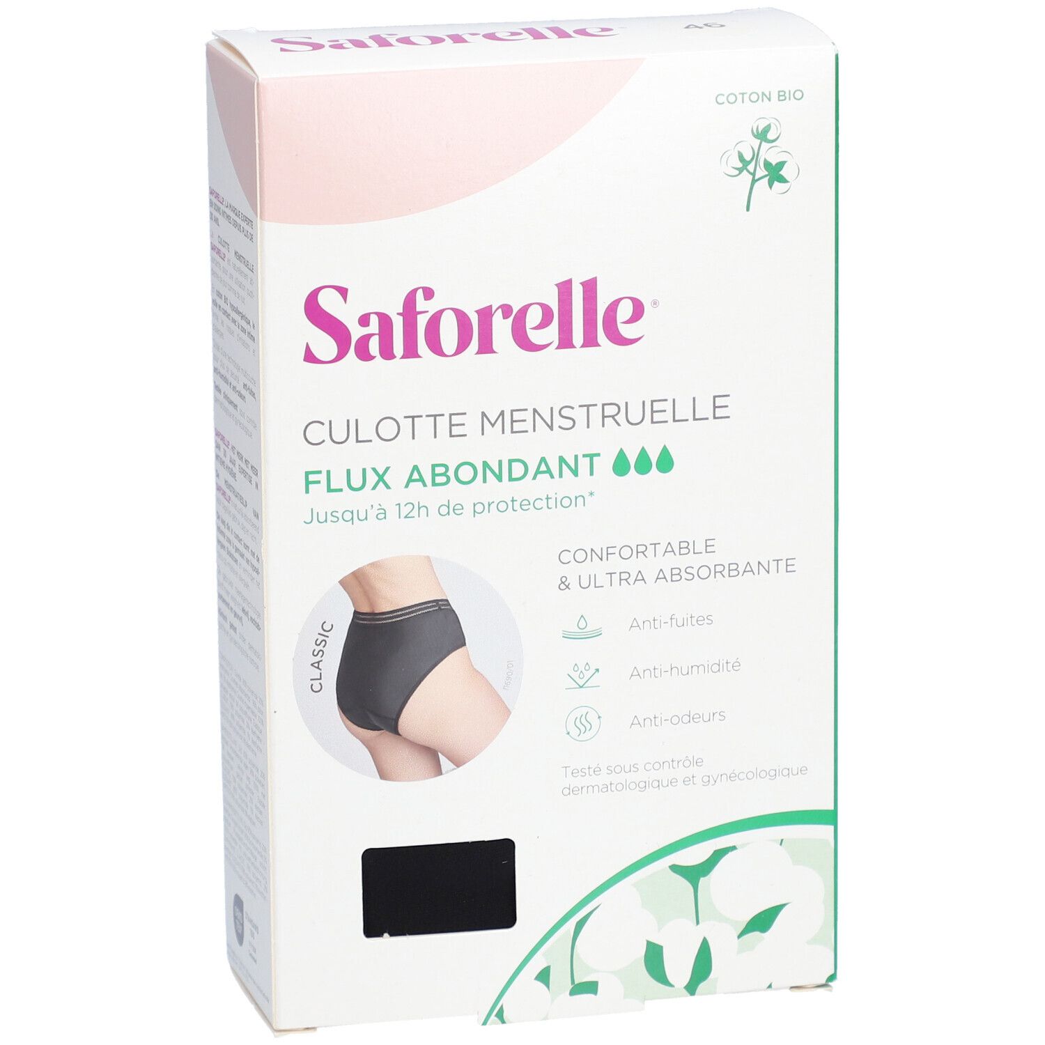 Boîte Saforelle culotte menstruelle. Avant avec image produit et texte. Coton bio.