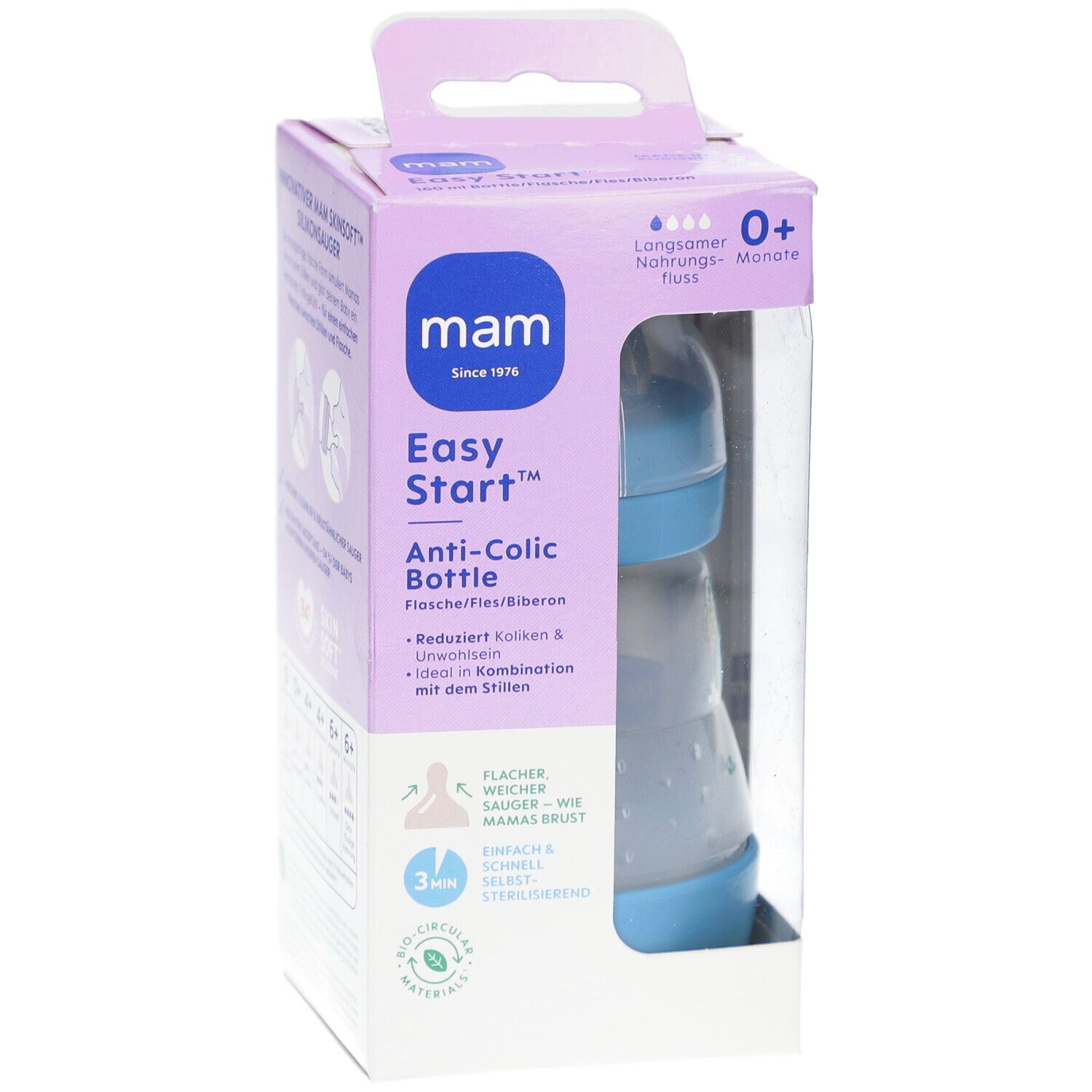 Babyflasche in Verpackung. Blau und transparent. Marke: mam. Anti-Colic. 0+ Monate. Flasche mit blauem Deckel.