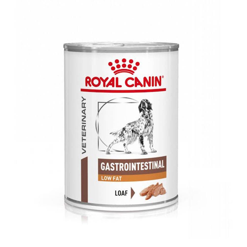 Einzelne Dose Royal Canin Gastrointestinal Low Fat. Aufschrift: Royal Canin, Gastrointestinal Low Fat, Veterinary. Abbildung Hund.