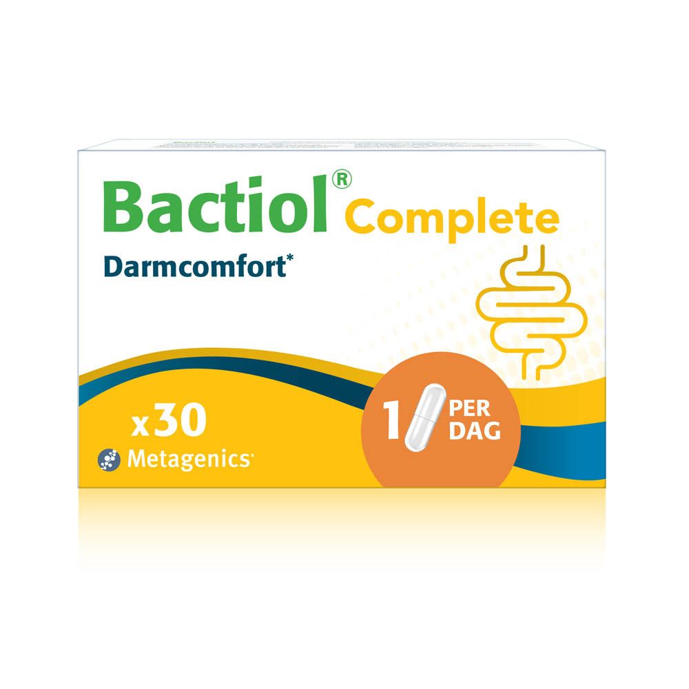 Weiße Schachtel. Bactiol® Complete. Darmcomfort. 30 Kapseln. 1 Kapsel pro Tag. Metagenics.