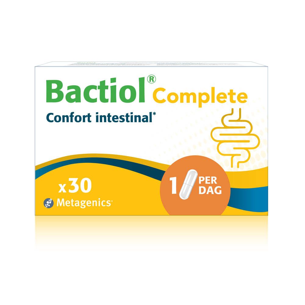 Boîte Bactiol® Complete. Confort intestinal. 30 gélules. Emballage jaune avec cercle blanc.