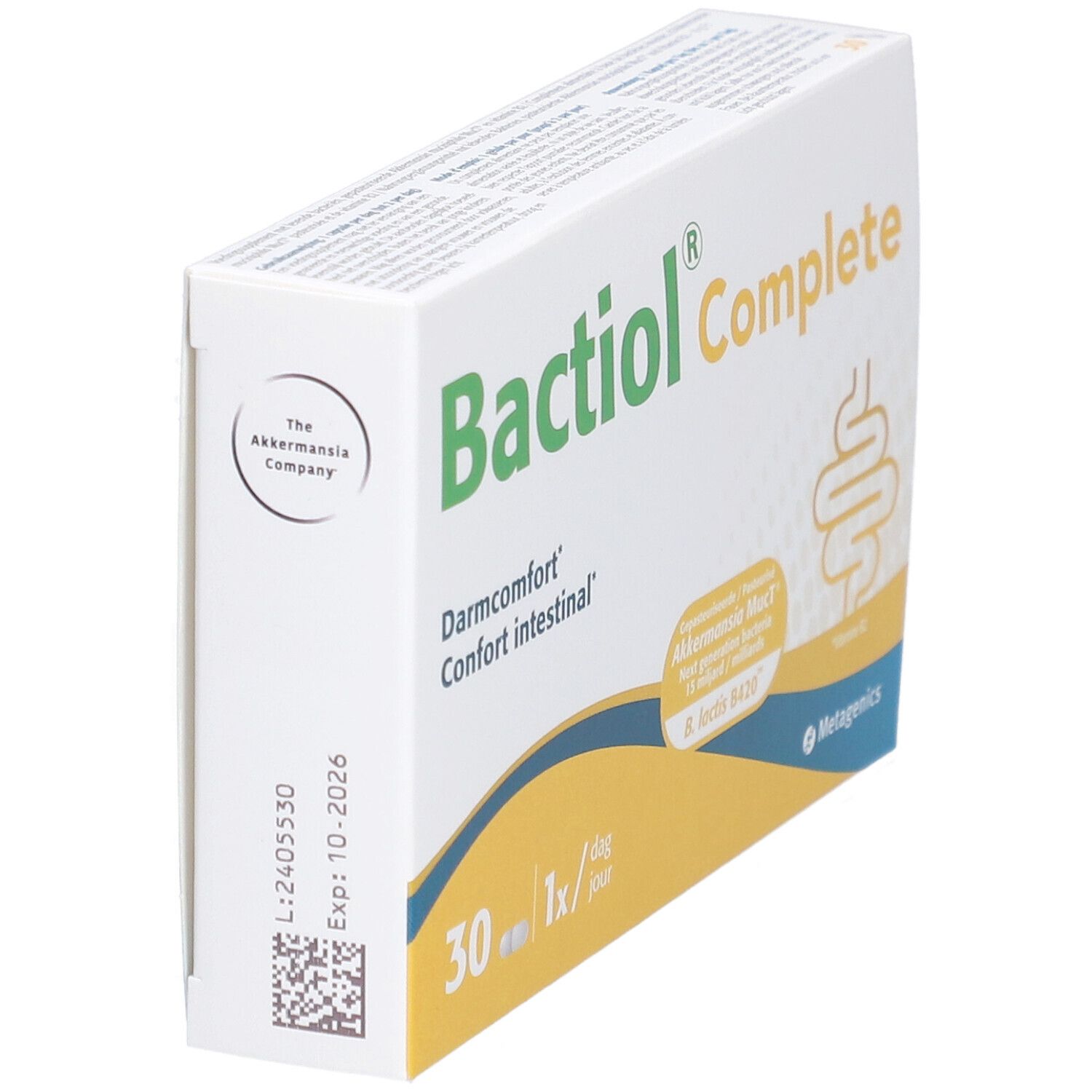 Bactiol® Complete doosje. Darmcomfort. 30 capsules. Witte verpakking met gele accenten.