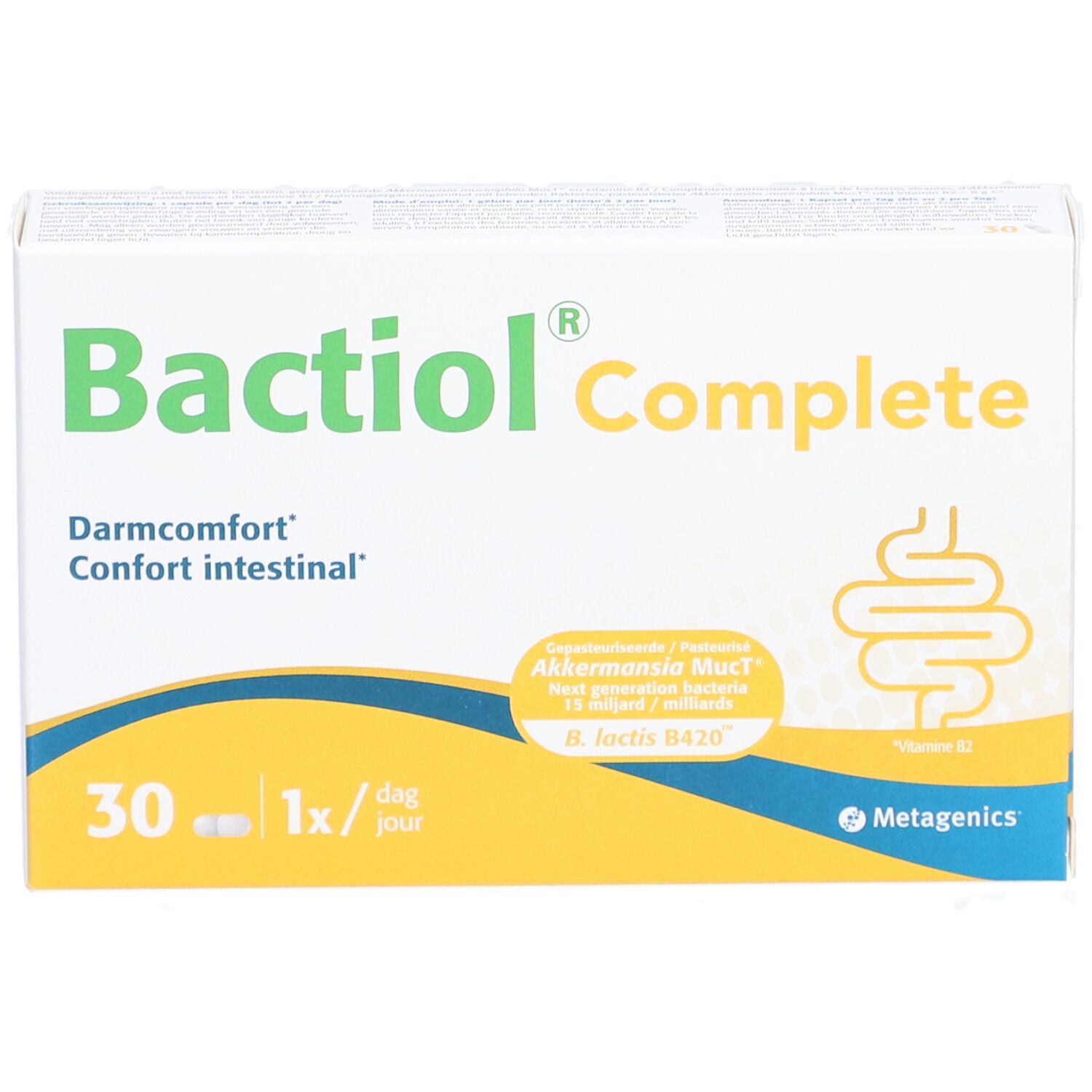 Bactiol® Complete doosje. Darmcomfort. 30 capsules. Geel-witte verpakking.
