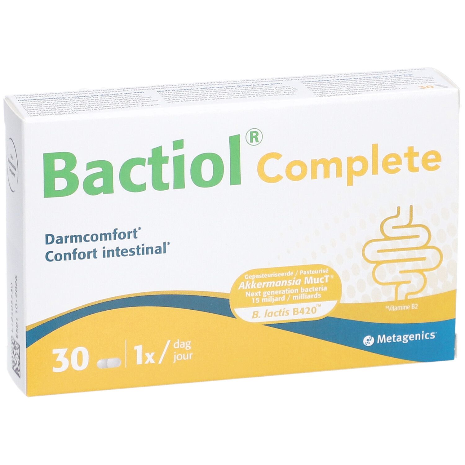 Bactiol® Complete doosje. Darmcomfort. 30 capsules. Geel-witte verpakking.