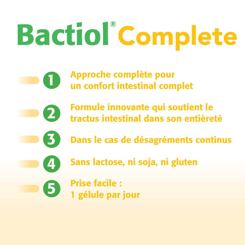 Infographie avec 5 points sur Bactiol® Complete. Texte en français.