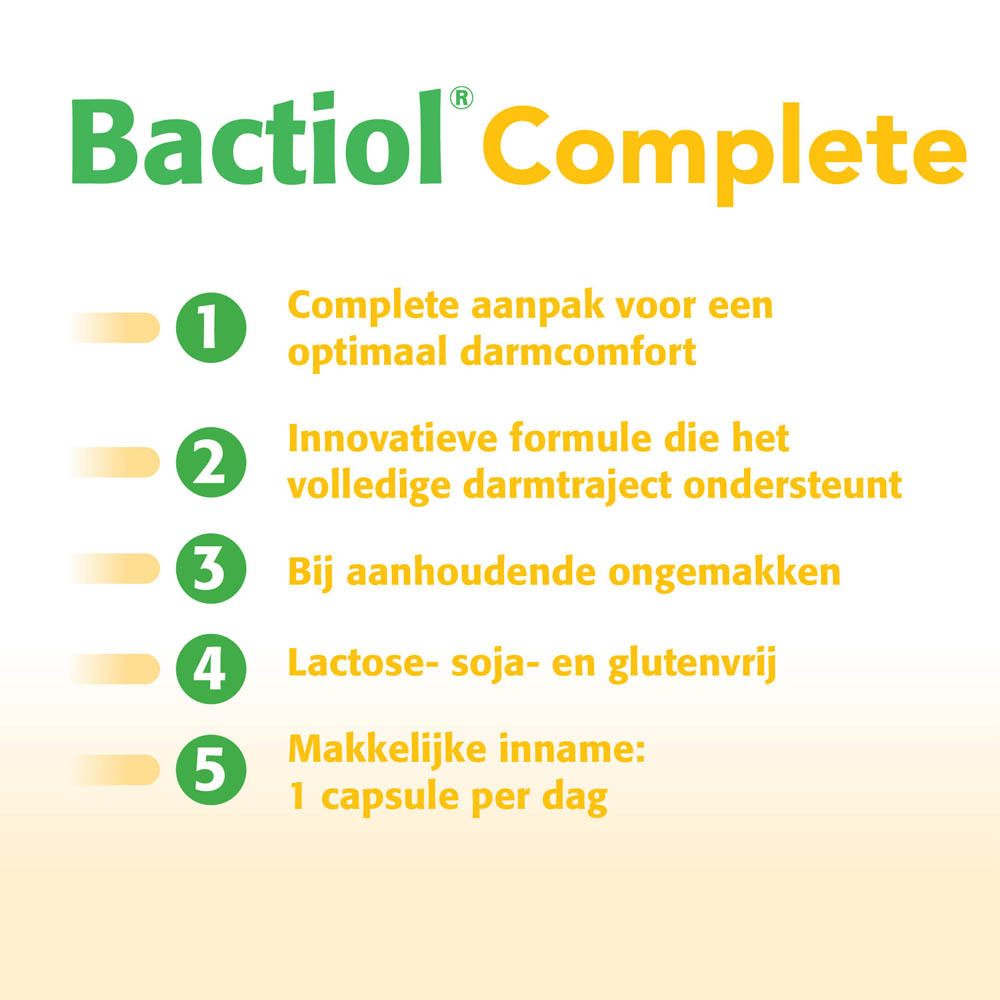 Infographic met 5 punten over Bactiol® Complete. Nederlandse tekst.