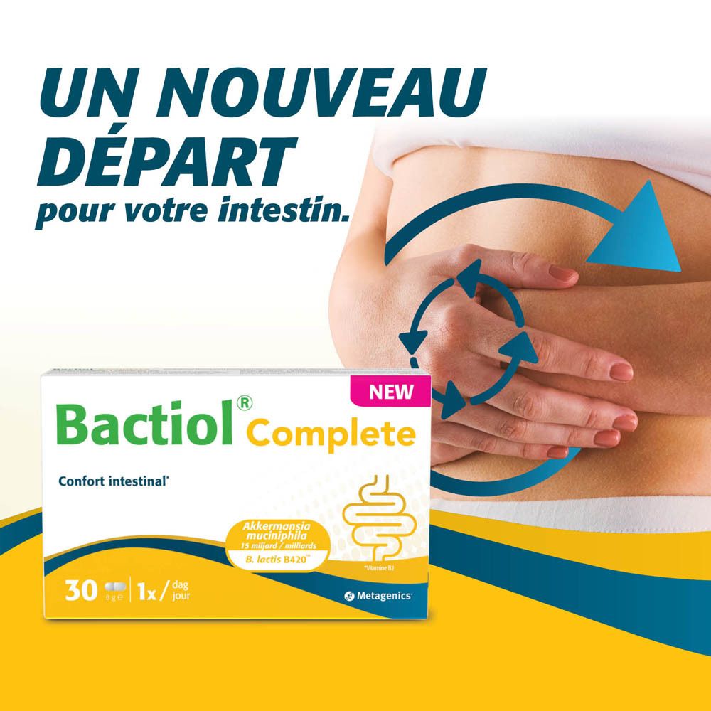 Publicité pour Bactiol® Complete. Produit et texte sur fond de corps.