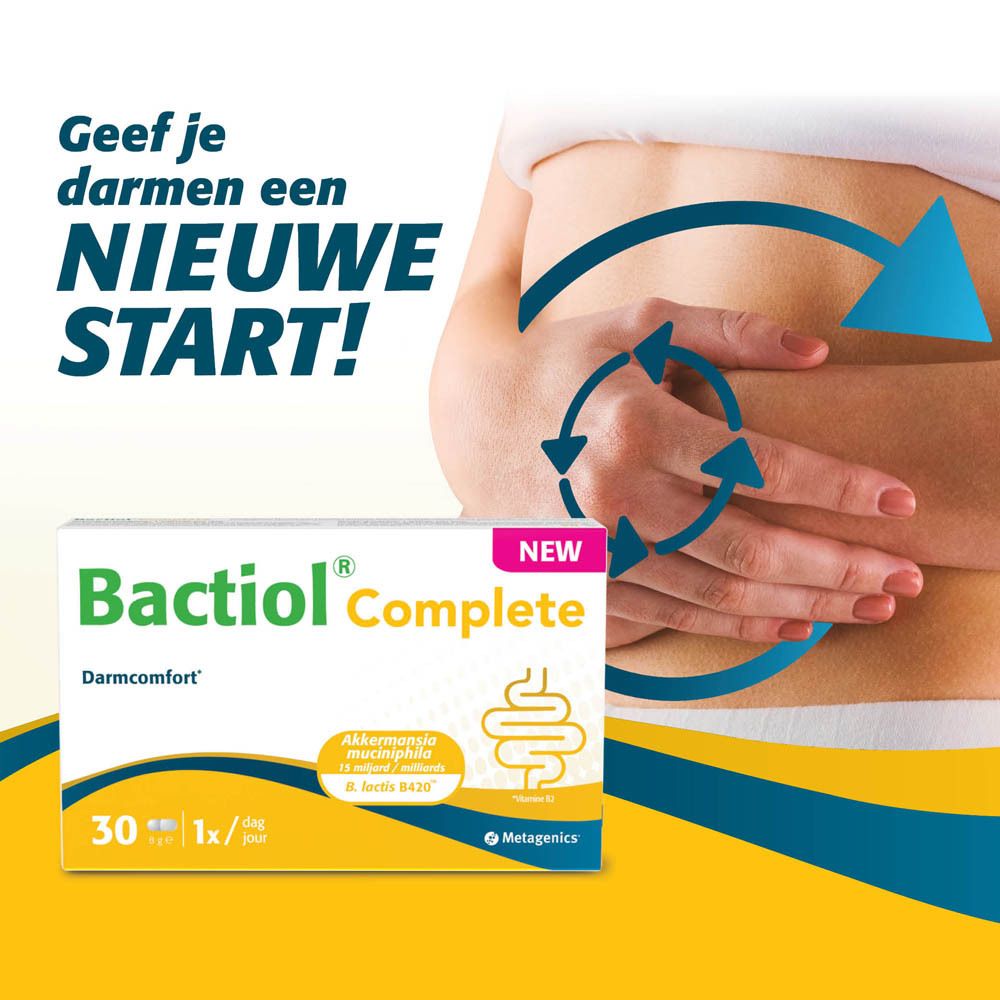 Reclame voor Bactiol® Complete. Product en tekst tegen een lichaamsachtergrond.