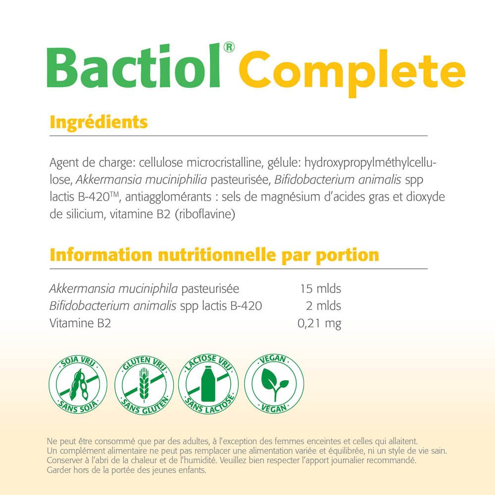 Liste des ingrédients et informations nutritionnelles pour Bactiol® Complete. Texte en français.
