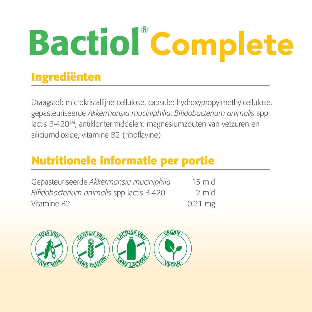 Ingrediëntenlijst en voedingswaarde-informatie voor Bactiol® Complete. Nederlandse tekst.