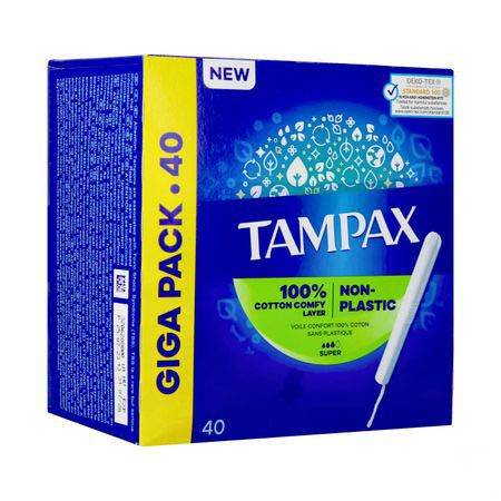 Boîte bleue et jaune de tampons. Inscriptions: Tampax, 100% Cotton Comfy Layer, Non-Plastic, 40 unités. Certification OEKO-TEX.