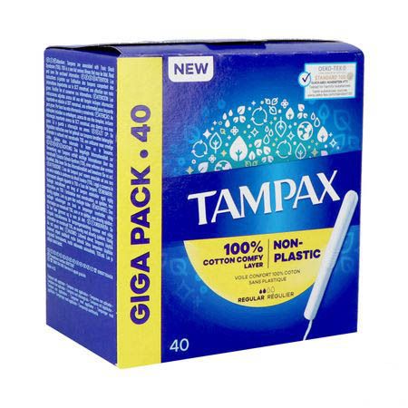 Boîte bleue de Tampax Regular 40. Contient 40 tampons. Avec couche confort coton et sans plastique.