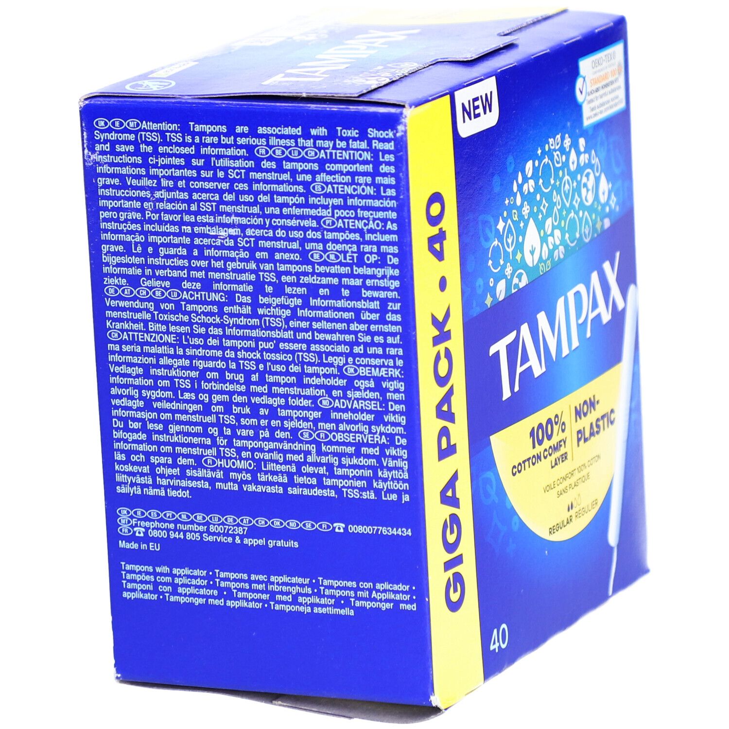 Blaue Verpackung von Tampax Regular 40. Enthält 40 Tampons. Mit Warnhinweisen und Produktinformationen.