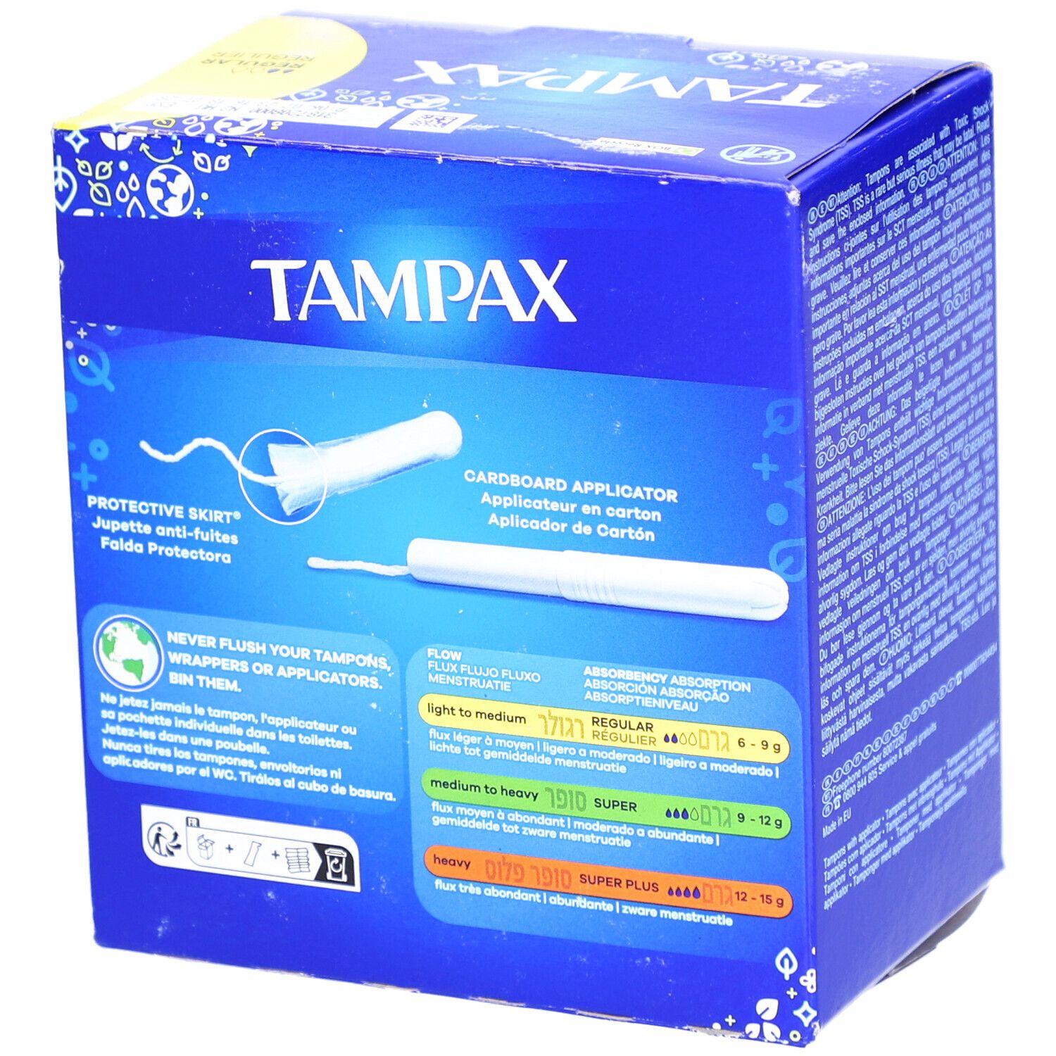 Verpackung von Tampax Regular 40. Zeigt Tampon mit Applikator. Enthält Informationen zu Saugfähigkeit.