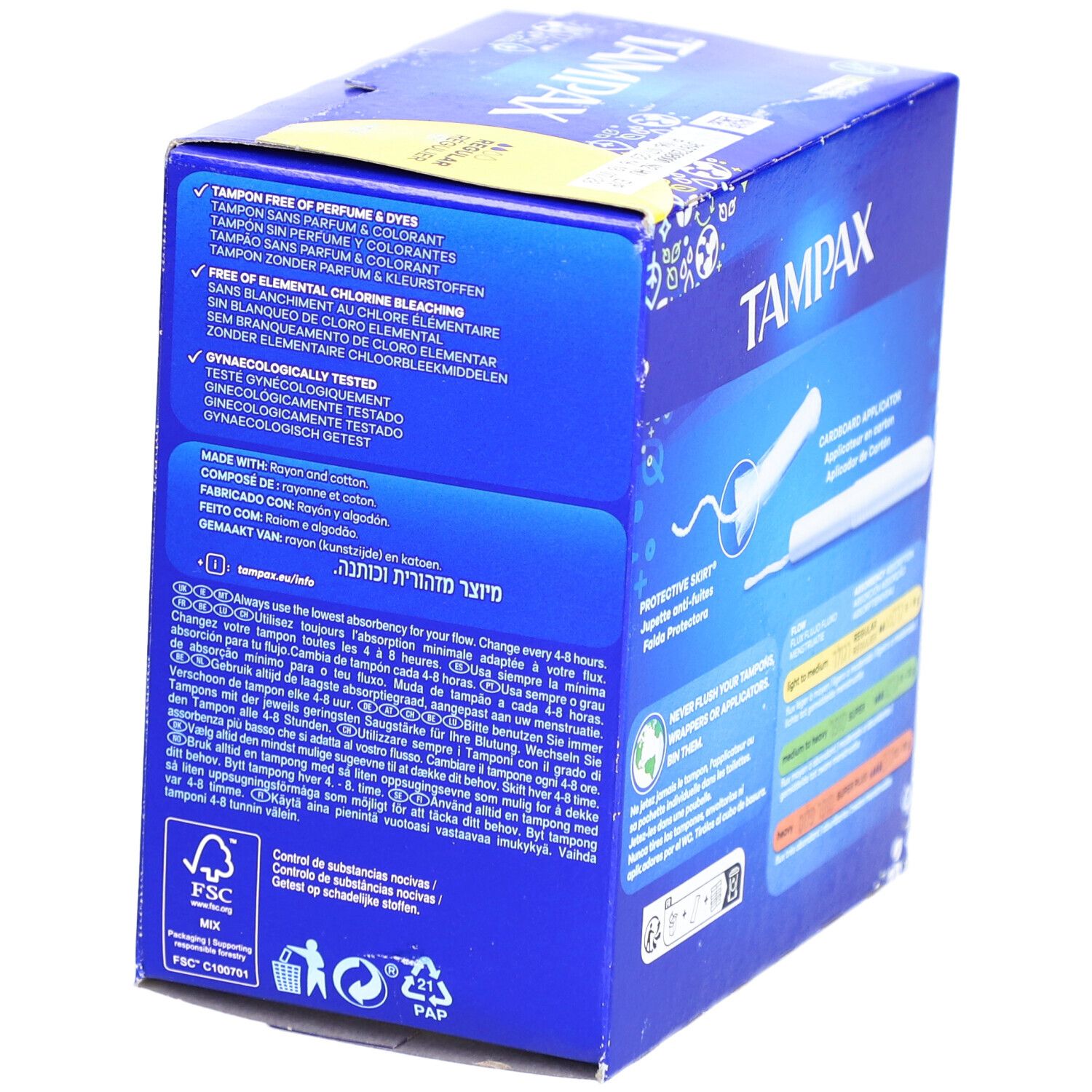 Blaue Verpackung von Tampax Regular 40. Enthält Informationen zu Inhaltsstoffen und Zertifizierungen.