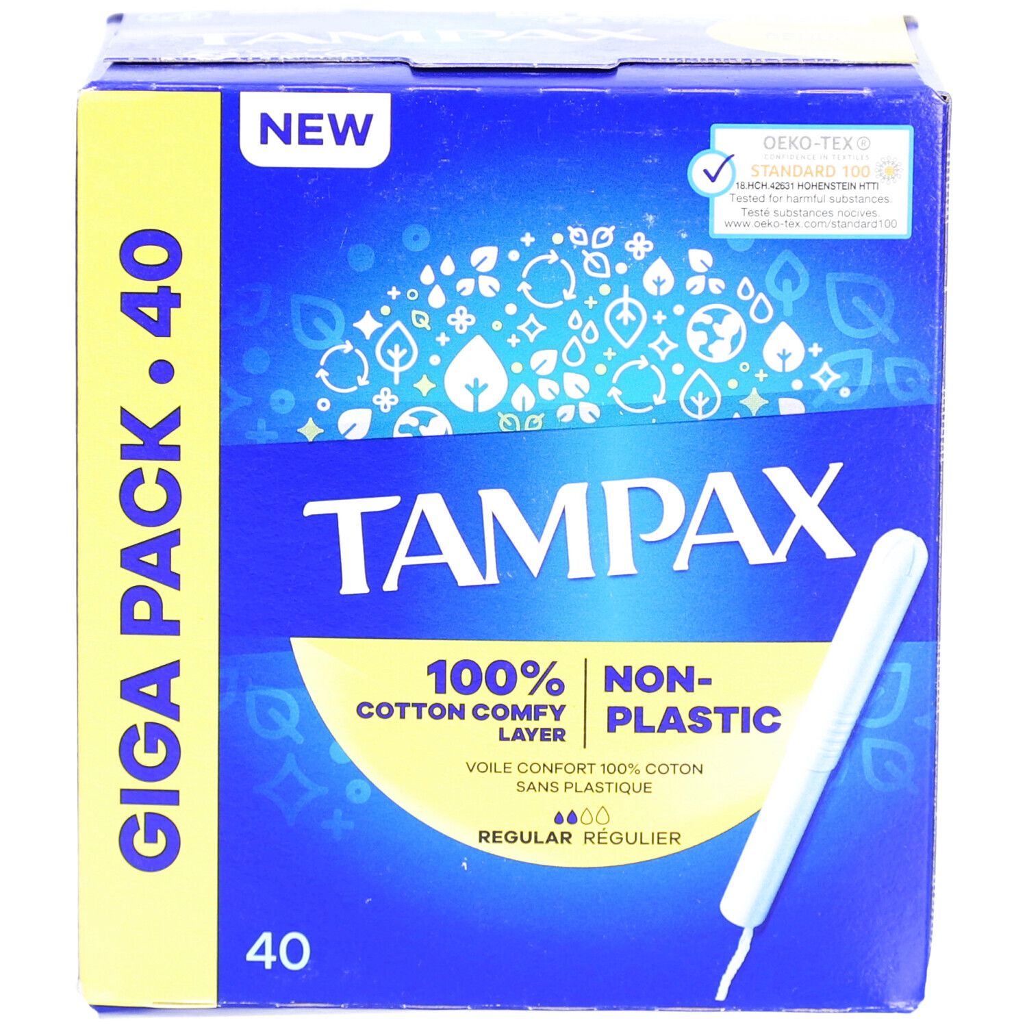 Blaue Verpackung von Tampax Regular 40. Enthält 40 Tampons. Mit Baumwoll-Komfortschicht und ohne Plastik.