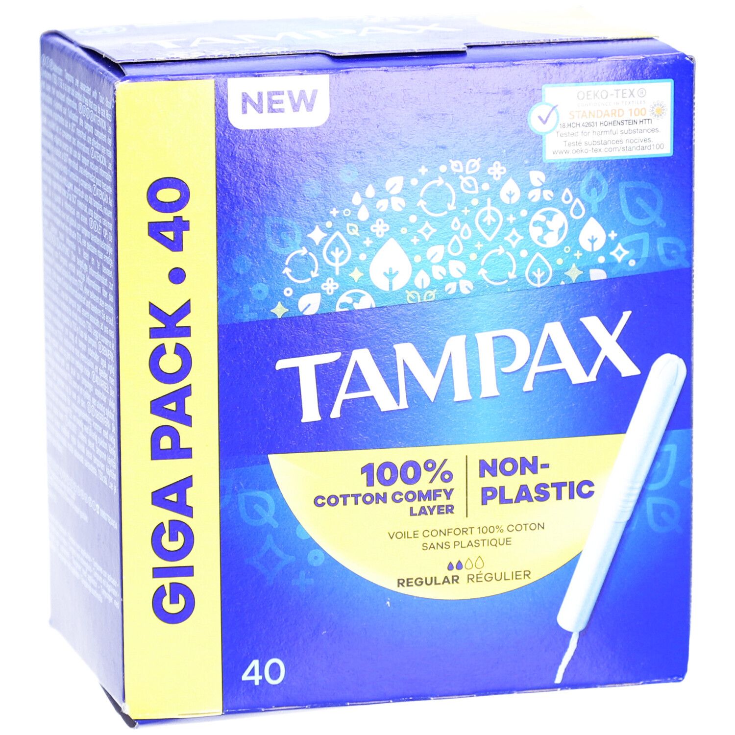 Blaue Verpackung von Tampax Regular 40. Enthält 40 Tampons. Mit Baumwoll-Komfortschicht und ohne Plastik.