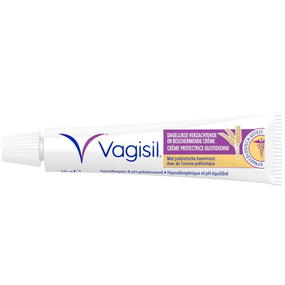 Tube Vagisil crème. Dagelijkse verzachtende en beschermende crème. Met prebiotische havermout.