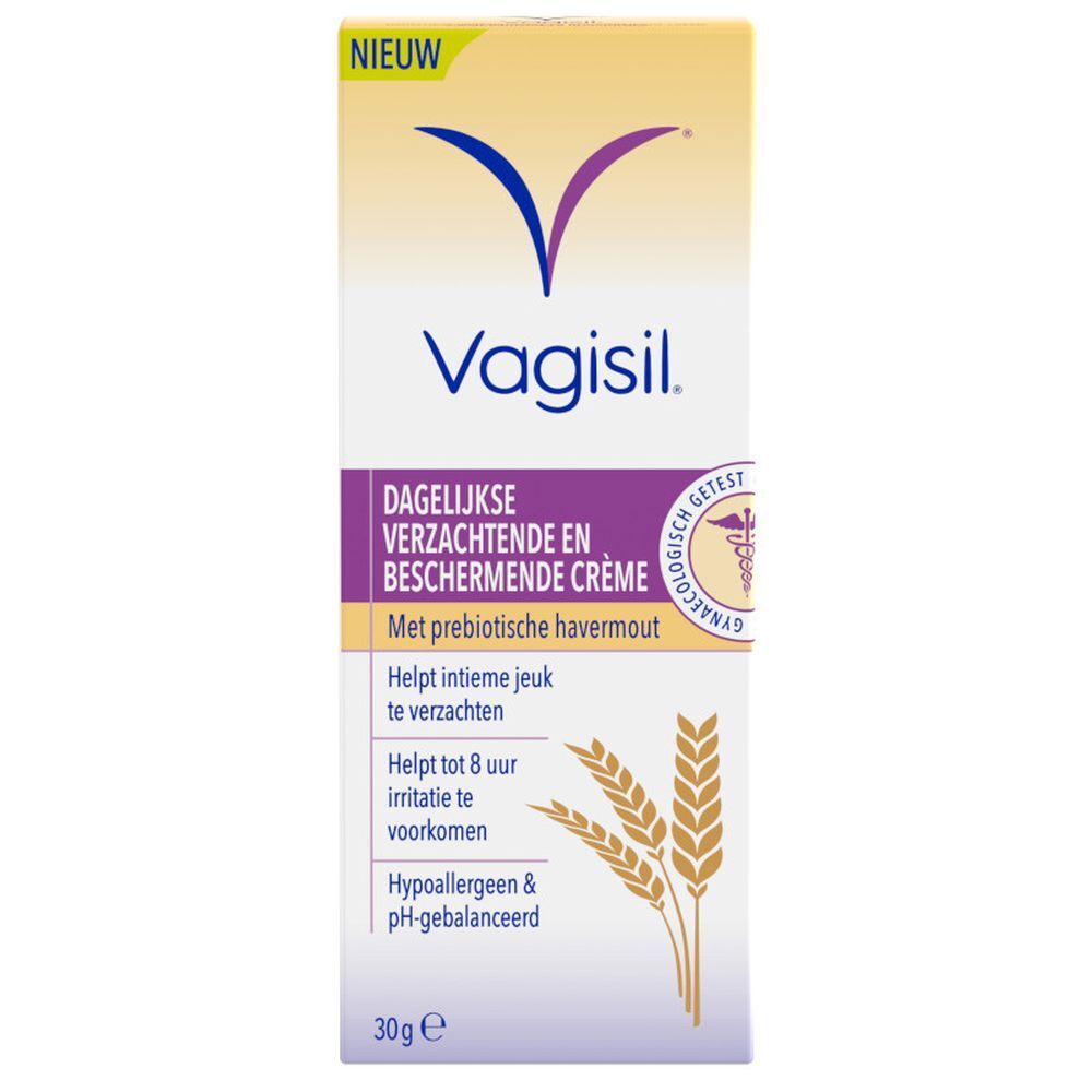 Doosje crème Vagisil. Dagelijkse verzachtende en beschermende crème. Met prebiotische havermout.