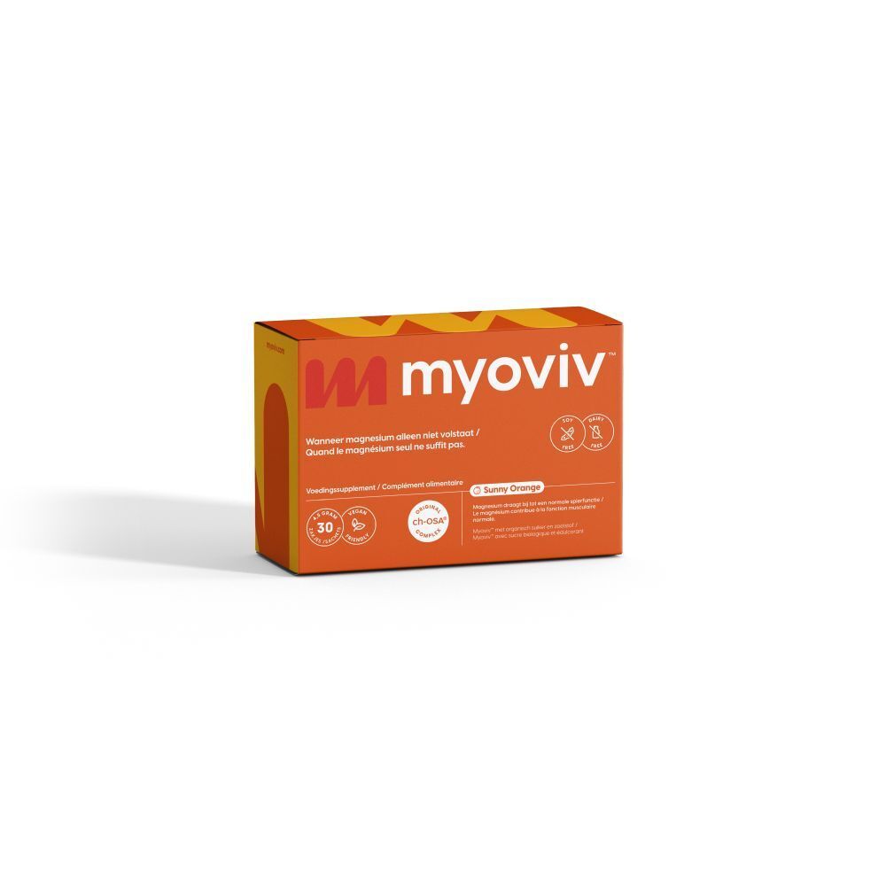 Boîte orange avec nom et logo du produit. Contient 30 sachets. Inscription : Sunny Orange.