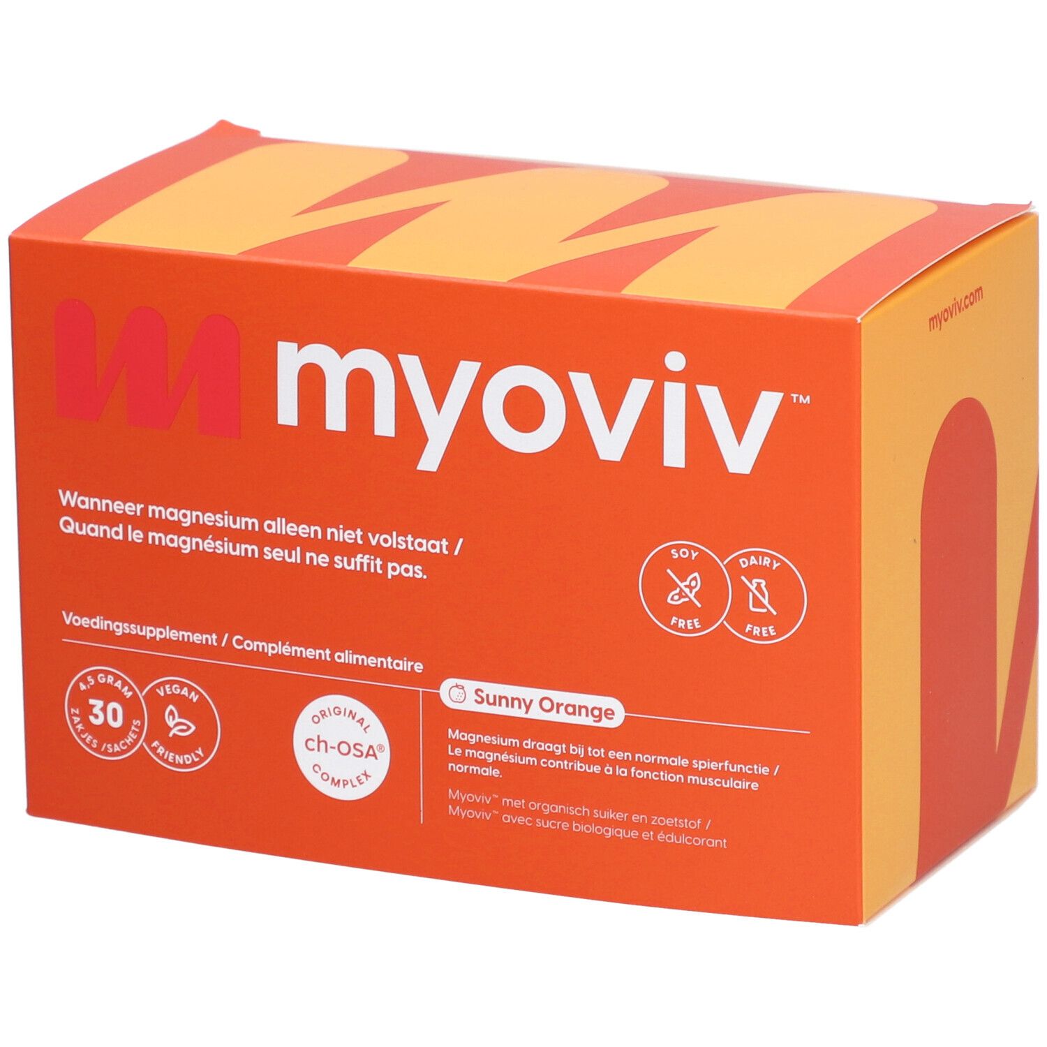 Boîte orange avec nom et logo du produit. Contient 30 sachets. Inscription : Sunny Orange. Sans soja et produits laitiers.