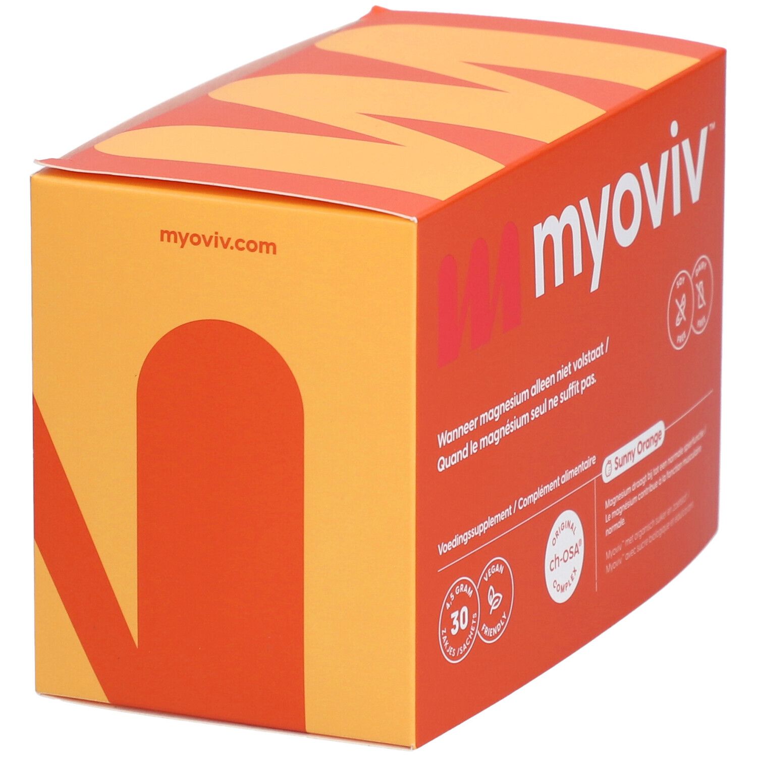 Boîte orange avec nom et logo du produit. Contient 30 sachets. Inscription : Sunny Orange. Sans soja et produits laitiers.