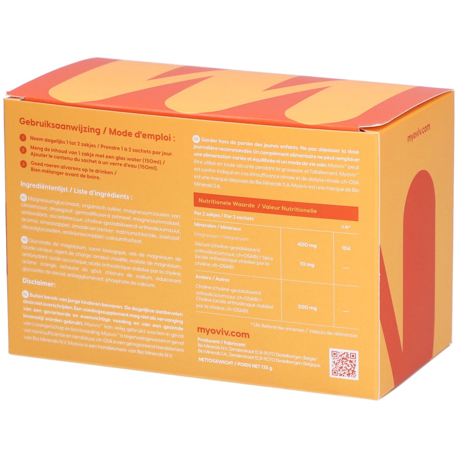 Boîte orange avec nom et logo du produit. Dos avec ingrédients et mode d'emploi.
