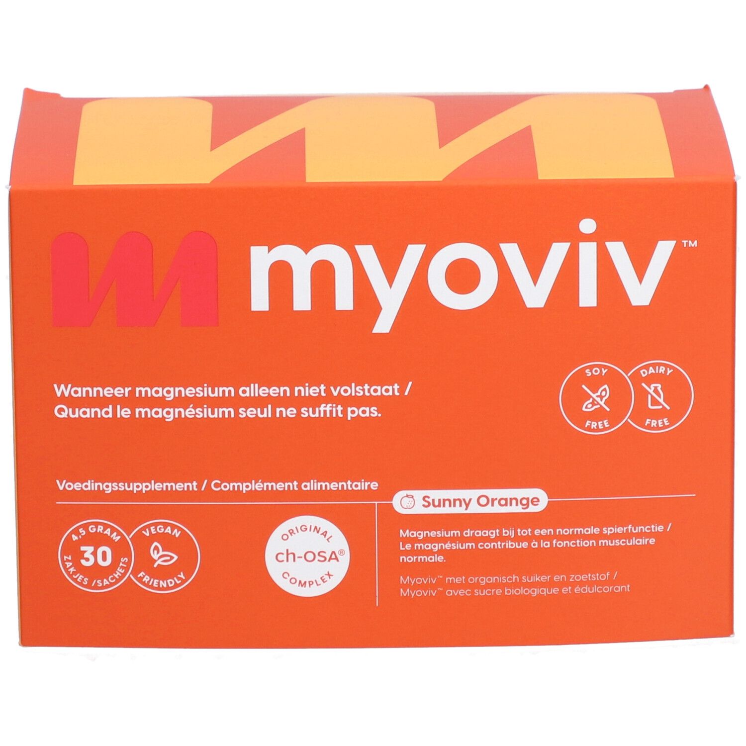 Boîte orange avec nom et logo du produit. Contient 30 sachets. Inscription : Sunny Orange. Sans soja et produits laitiers.