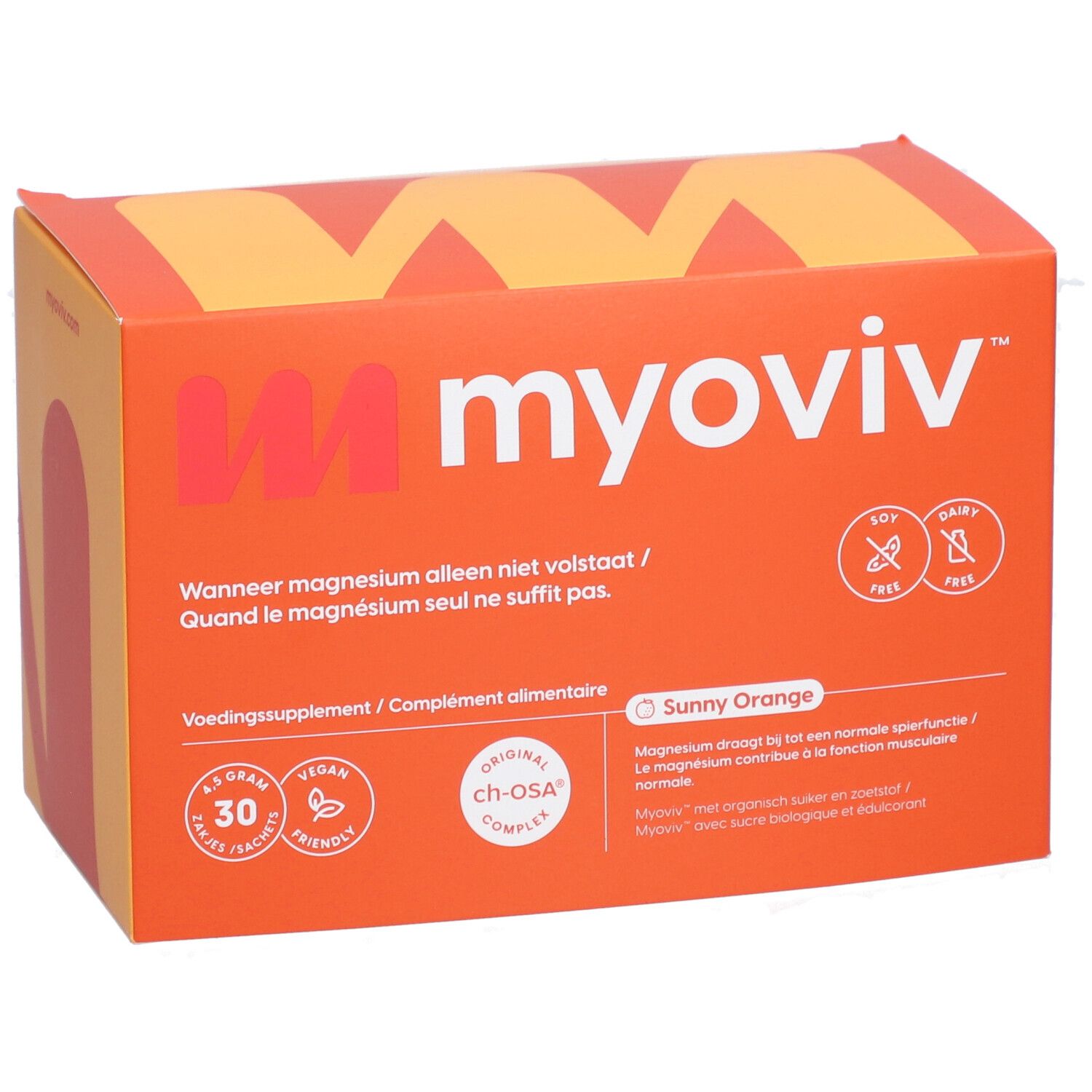 Boîte orange avec nom et logo du produit. Contient 30 sachets. Inscription : Sunny Orange. Sans soja et produits laitiers.