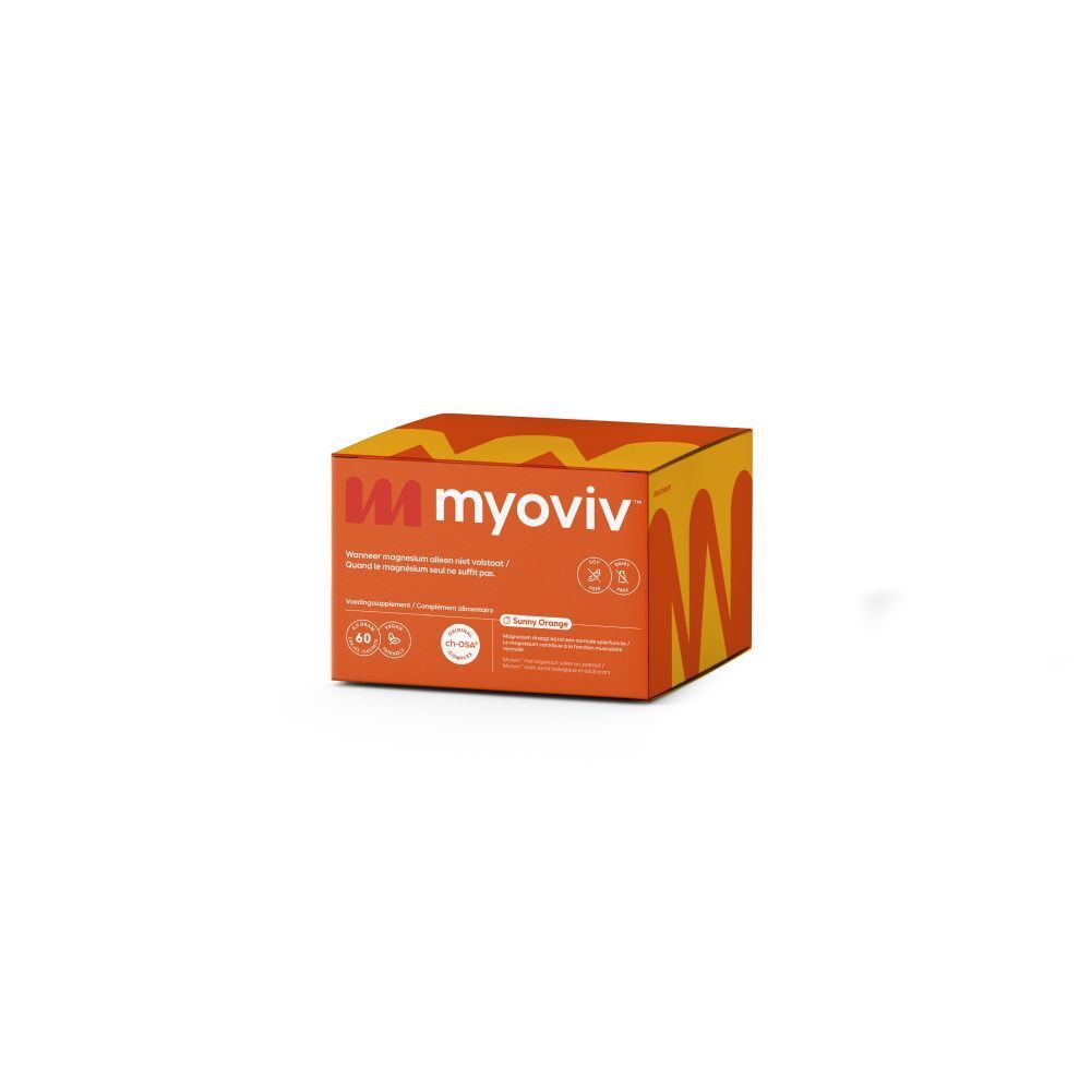 Boîte orange avec logo Myoviv. Inscription: Complément alimentaire. Végétalien, sans gluten, sans soja.
