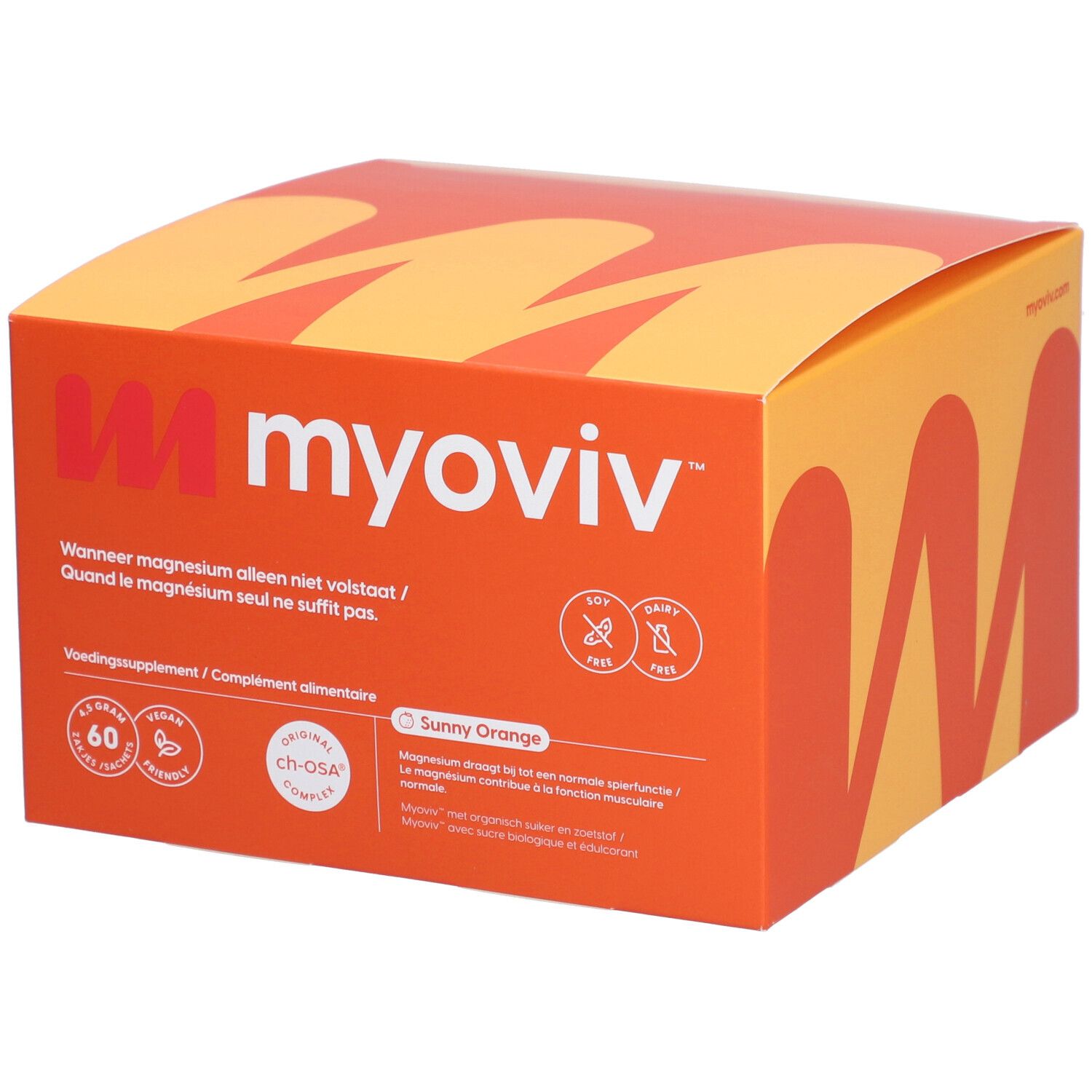 Boîte orange avec logo Myoviv. Texte: Quand le magnésium seul ne suffit pas. 60 sachets. Végétalien, sans gluten, sans soja.