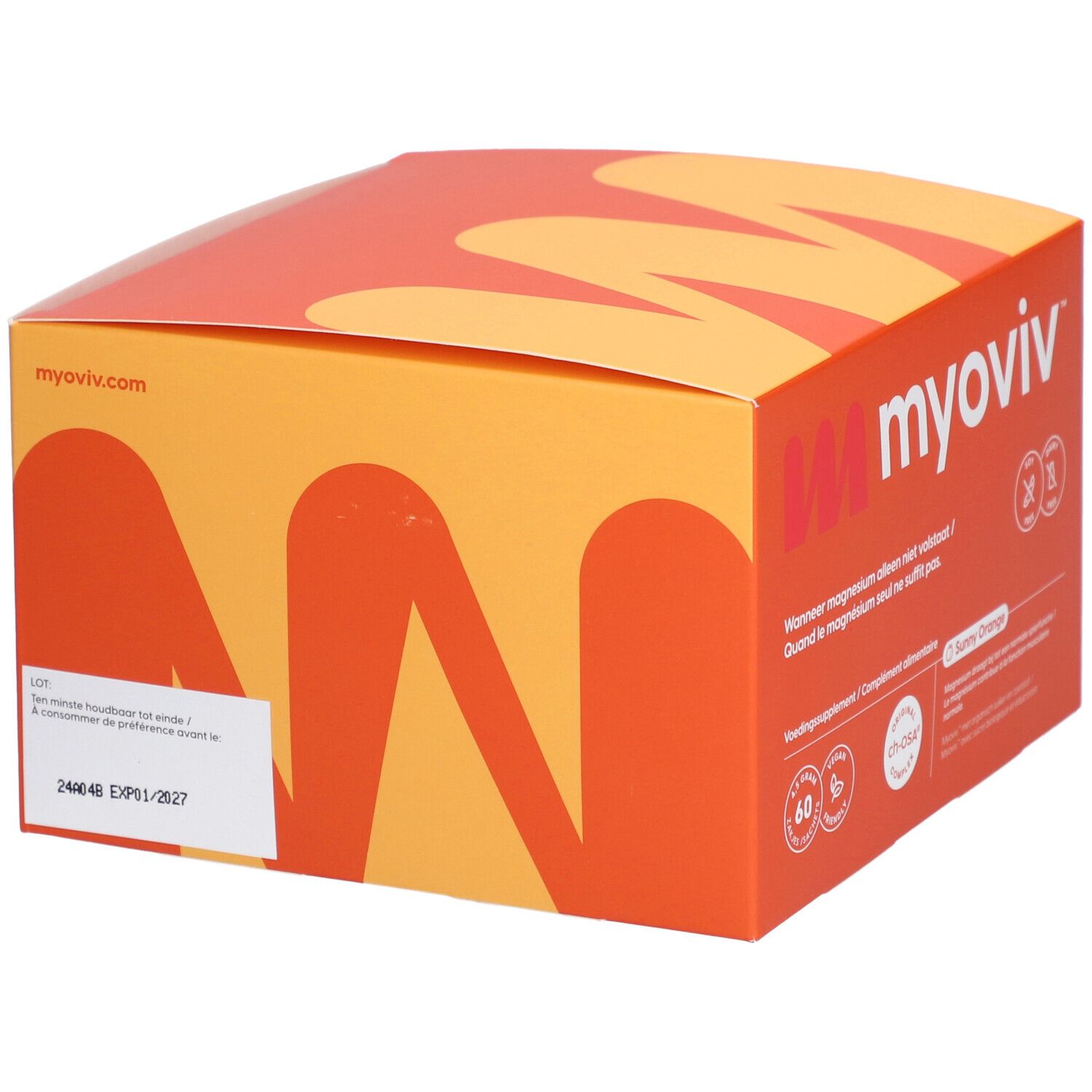 Boîte orange avec logo Myoviv. Texte: Quand le magnésium seul ne suffit pas. 60 sachets. Végétalien, sans gluten, sans soja.